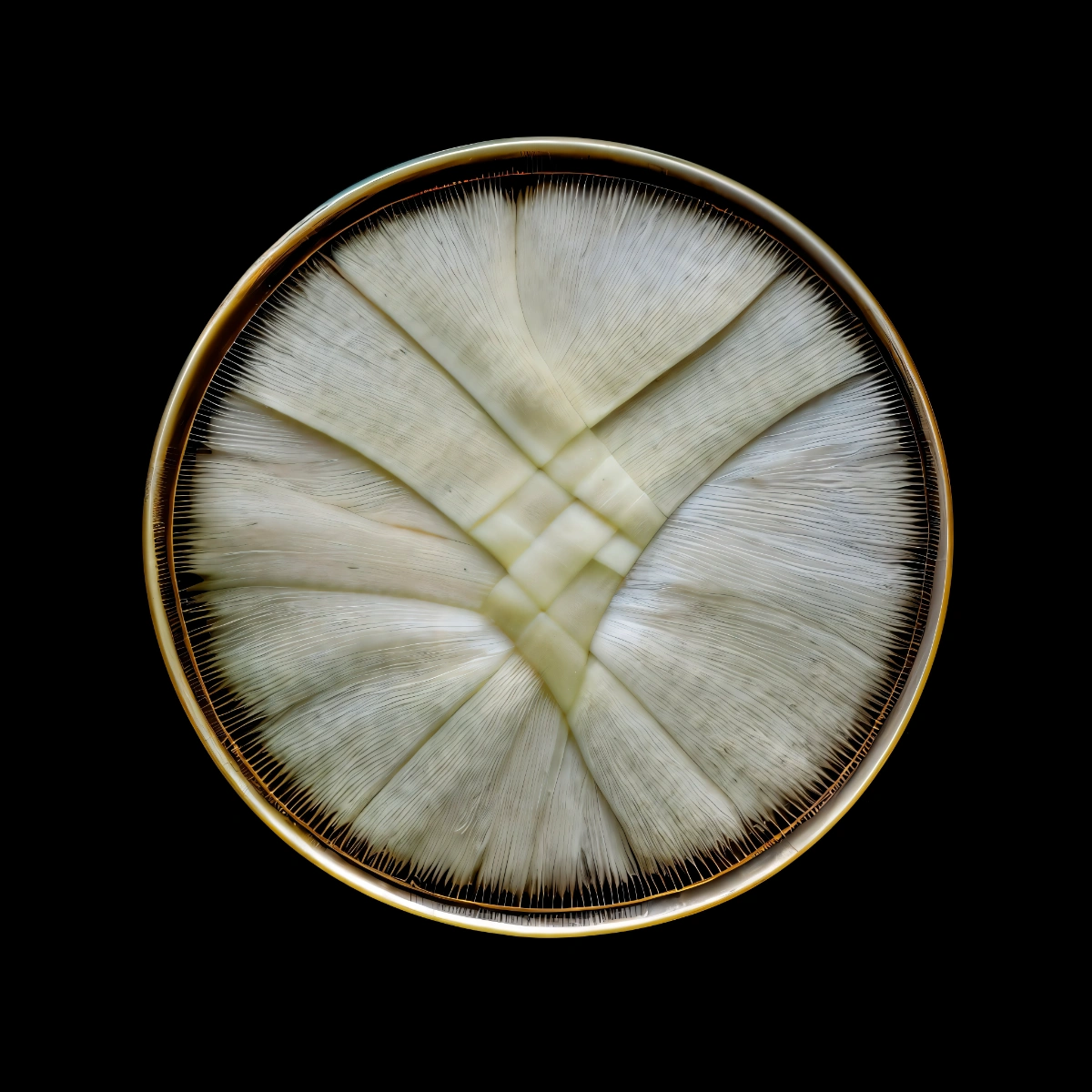 mycelium network:abstraction by SYS™ — A circular petri dish photographed directly overhead contains a radial filament network rendered in monochromatic grey, cream, and brown tones.