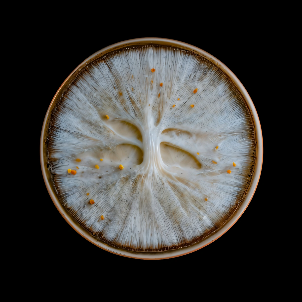mycelium network:abstraction by SYS™ — A cross-sectional view of fungal morphology rendered through AI simulation, presenting a radial filament network emanating from a central cluster of five to...