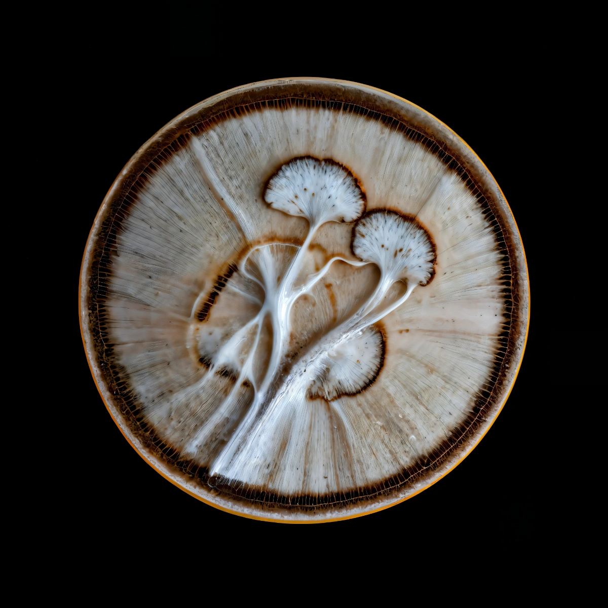 mycelium network:abstraction by SYS™ — A overhead close-up photograph of a simulated mycelial structure rendered in cream, grey, and brown tones.