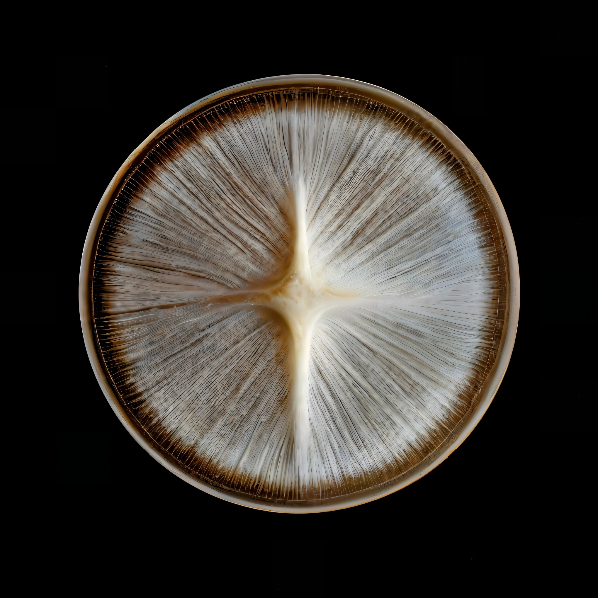 mycelium network:abstraction by SYS™ — A radial mycelial network rendered through AI simulation, viewed overhead against a black background.