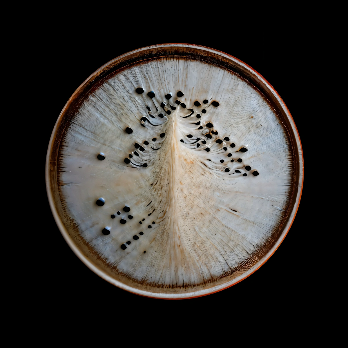 mycelium network:abstraction by SYS™ — A petri dish photographed from directly above reveals a laboratory study of mycelial growth patterns.