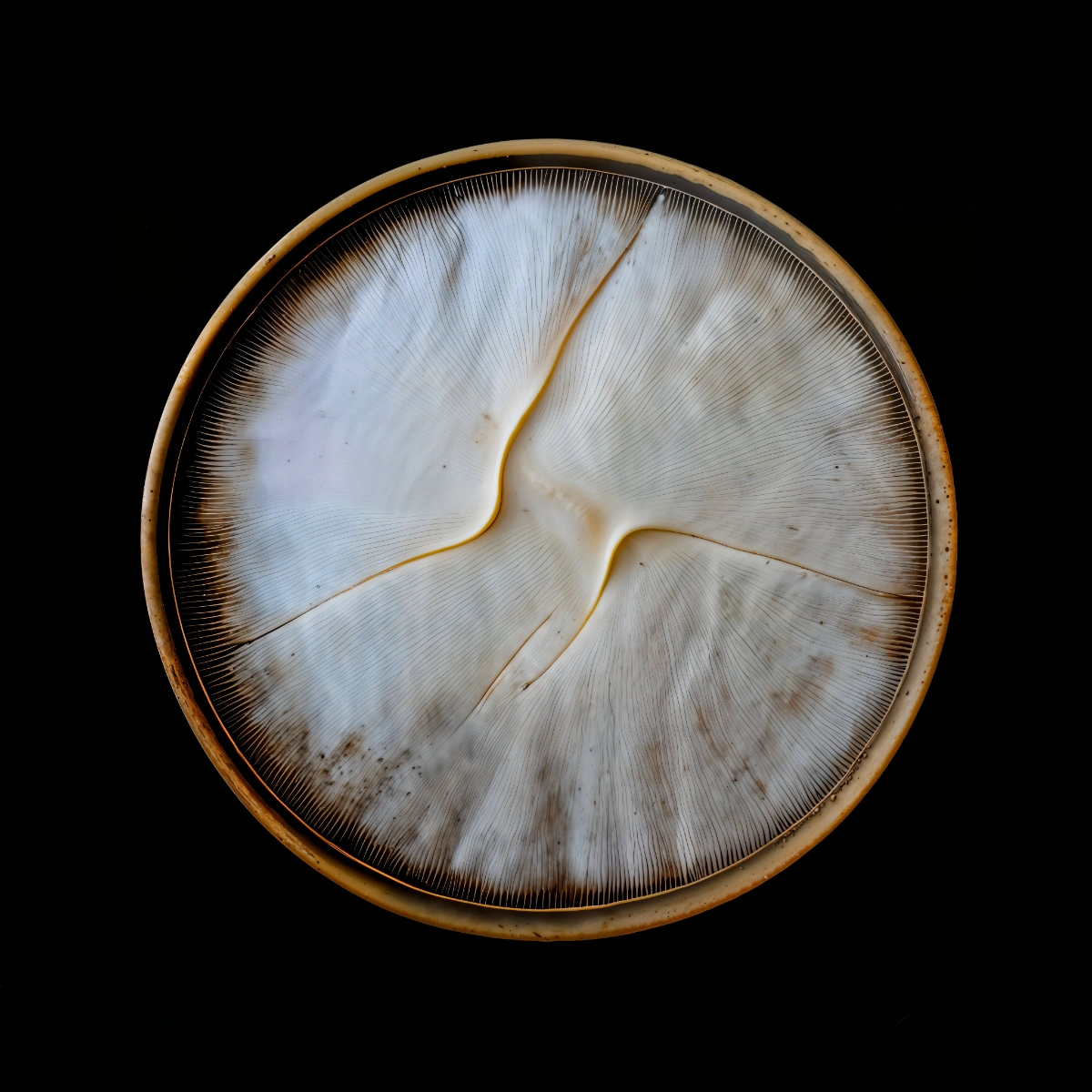 mycelium network:abstraction by SYS™ — A radial filament structure photographed from directly above, displaying fine hair-like strands emanating concentrically from a central cluster of five to...