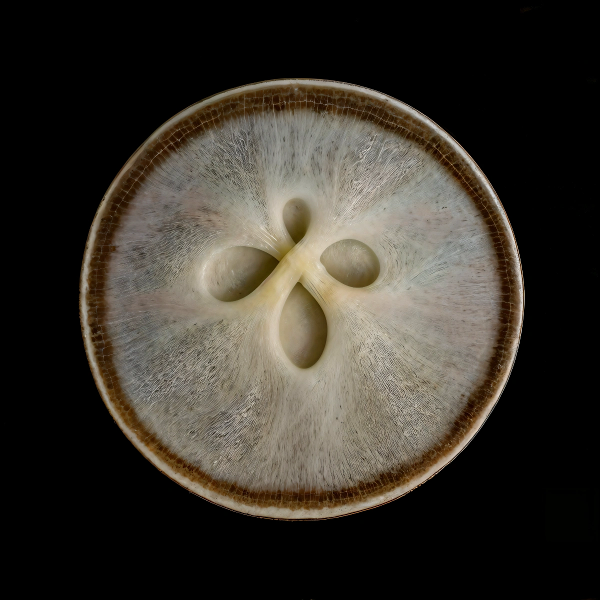 mycelium network:abstraction by SYS™ — A overhead close-up of a petri dish containing a radial filament network in cream and grey tones.