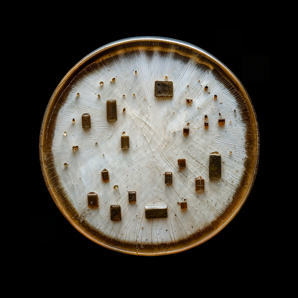 mycelium network:abstraction by SYS™ — A circular petri dish photographed from directly above presents a radial filament pattern in fine, hair-like strands emanating from the center across a...