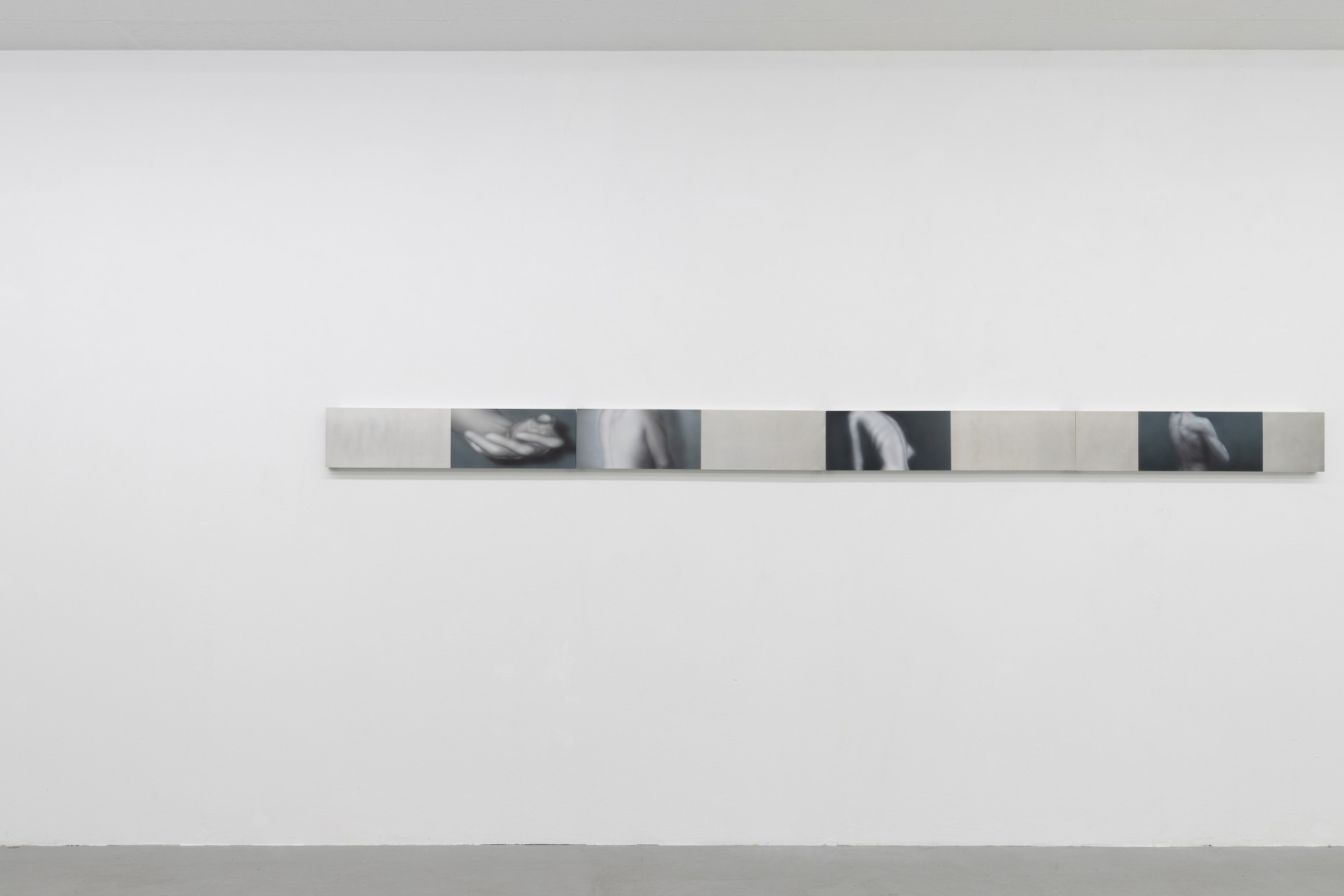 Offline Body by Myungchan Kim at dive.seoul — A horizontal frieze of eight sequential photographic panels mounted at mid-height spans the gallery wall.