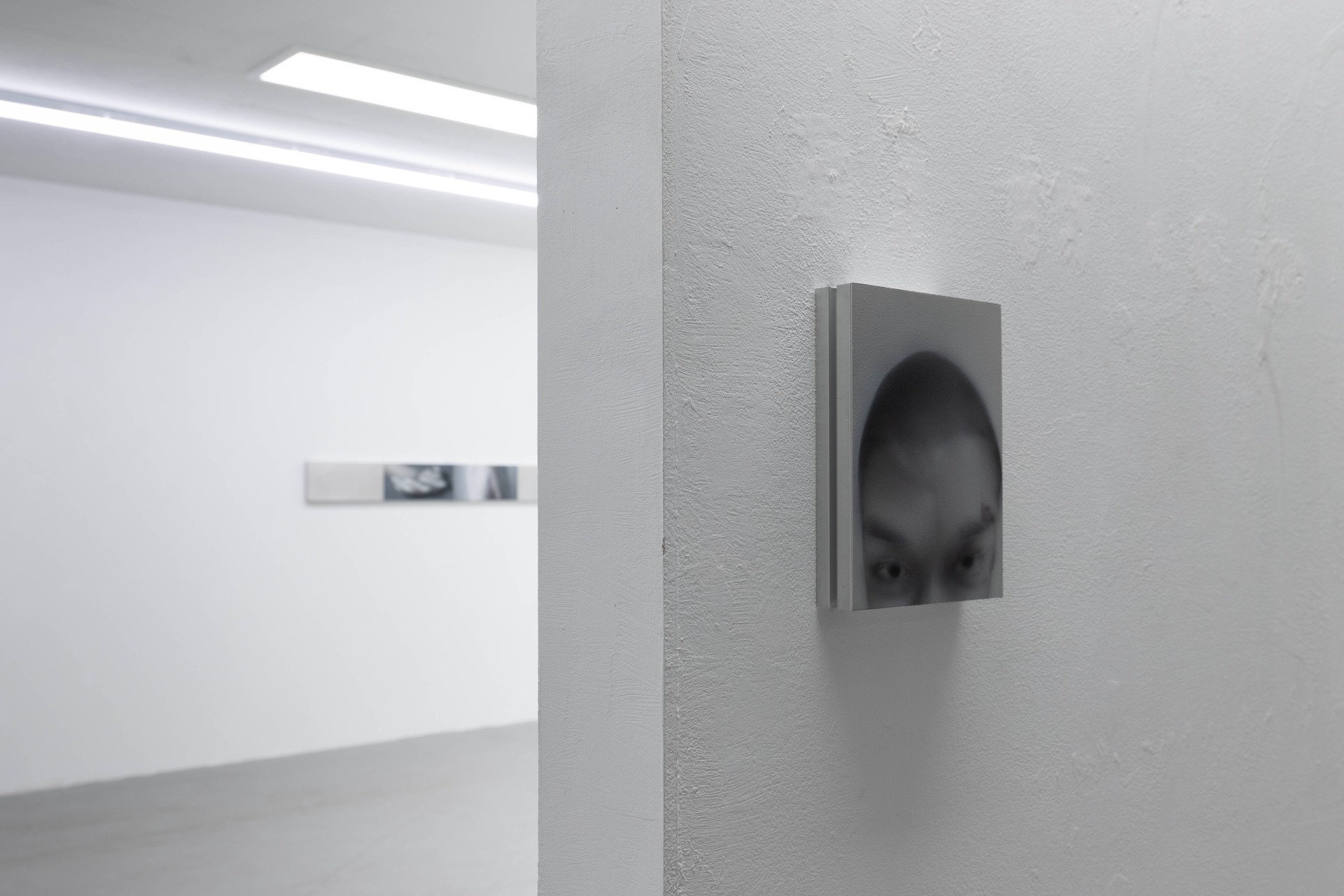 Offline Body by Myungchan Kim at dive.seoul — A translucent charcoal silhouette of a human head rendered in muted tones occupies a recessed panel mounted on the gallery's central dividing wall.