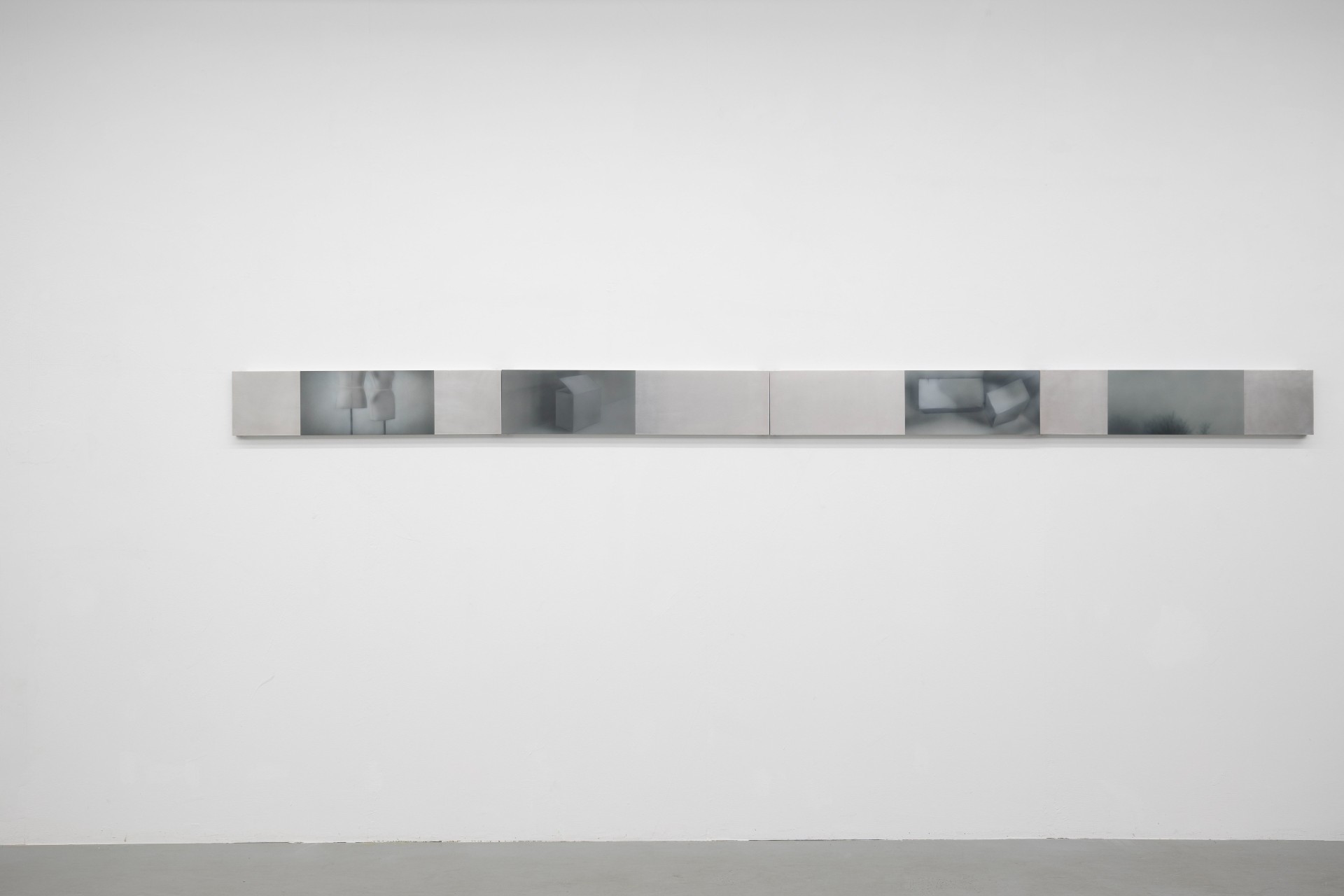 Offline Body by Myungchan Kim at dive.seoul — A horizontal linear installation spans the gallery wall at eye level, comprising approximately twelve modular panel units in white and translucent acrylic...
