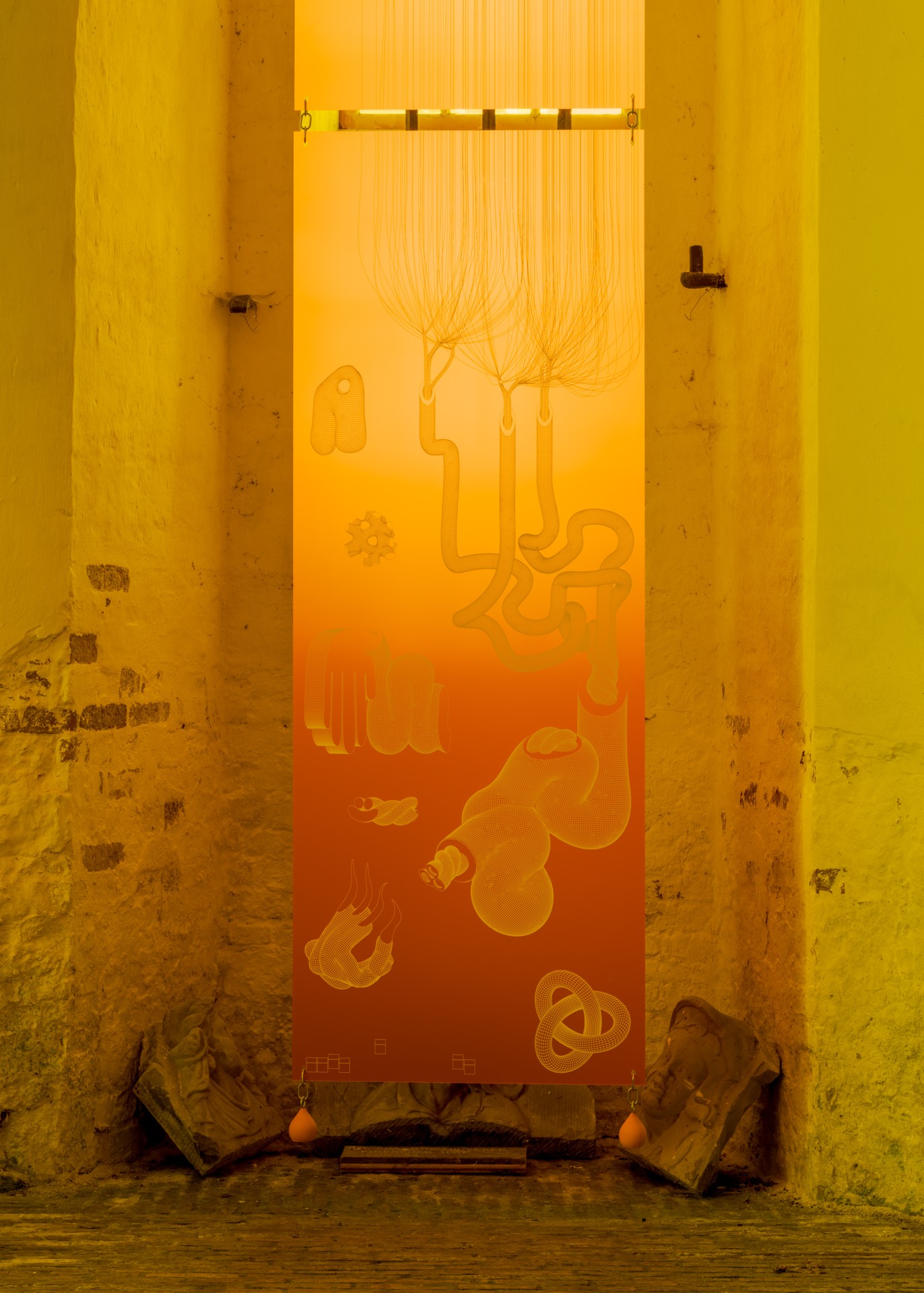 Techno Mythologies by Wang & Söderström at Christian IV’s Brewery — A monochromatic lime-green gallery interior frames a glowing central panel suspended between weathered brick walls.