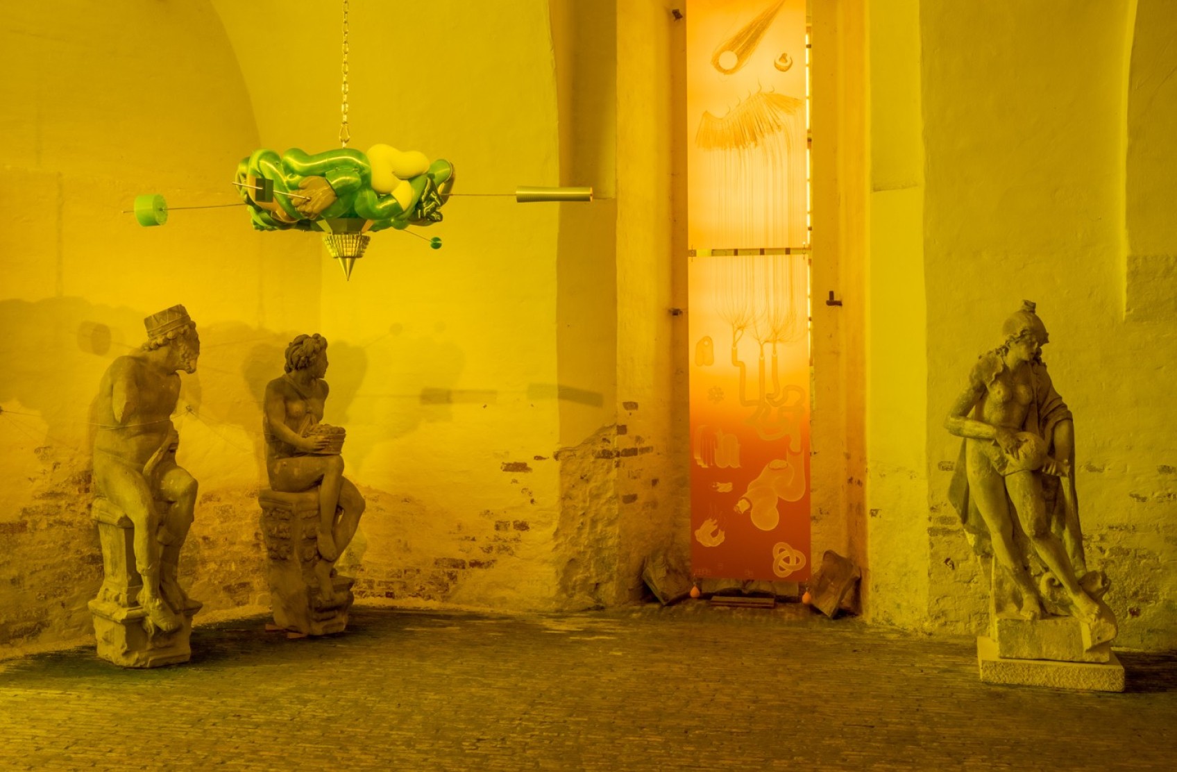 Techno Mythologies by Wang & Söderström at Christian IV’s Brewery — Classical plaster sculptures occupy a monochromatic lime-green gallery space at Christian IV's Brewery, their weathered surfaces rendered nearly invisible...