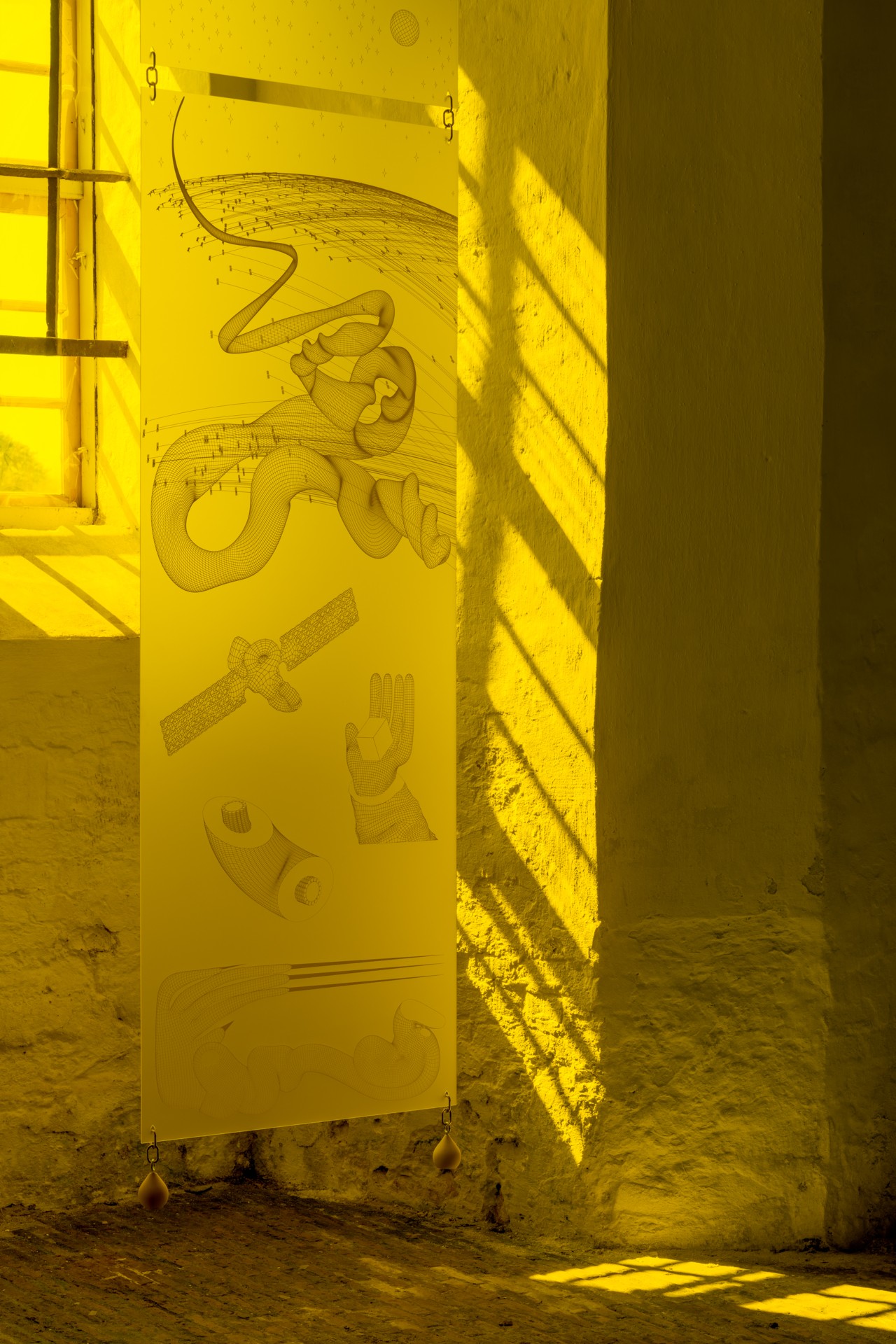 Techno Mythologies by Wang & Söderström at Christian IV’s Brewery — A monochromatic lime-green gallery corridor at Christian IV's Brewery frames an engraved yellow panel suspended between concrete walls.