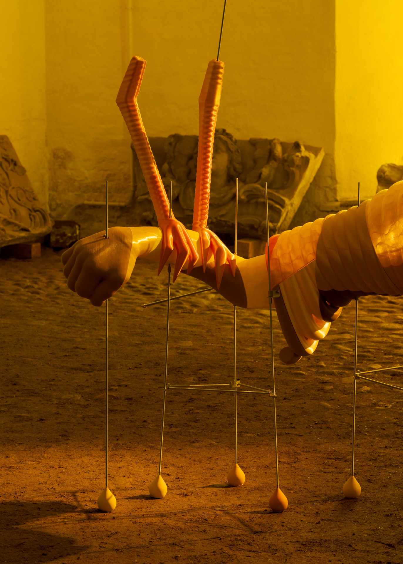 Techno Mythologies by Wang & Söderström at Christian IV’s Brewery — A sculptural installation suspended in a monochromatic lime-green gallery lit by saturated ambient lighting.