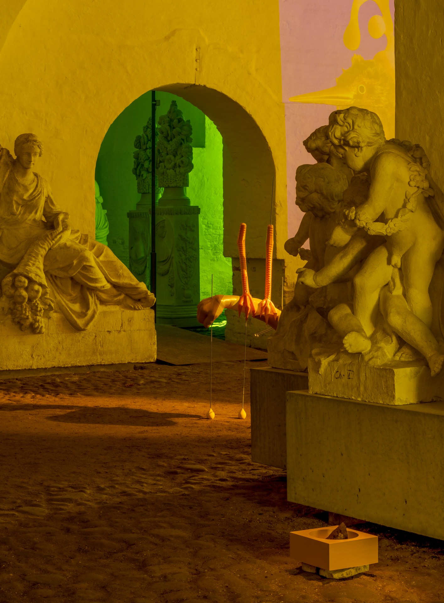 Techno Mythologies by Wang & Söderström at Christian IV’s Brewery — A densely lit gallery chamber at Christian IV's Brewery rendered in saturated lime-green ambient lighting.