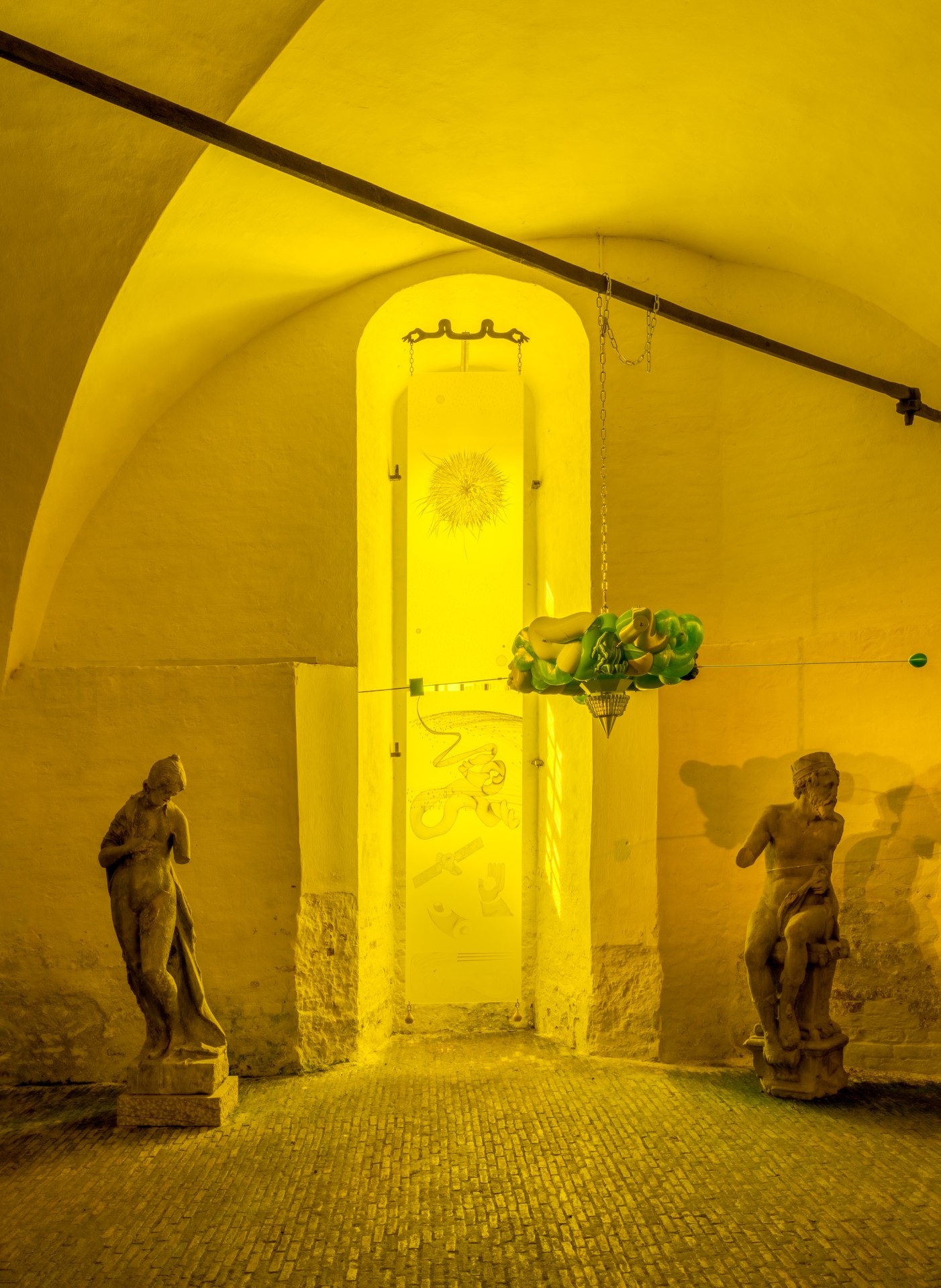 Techno Mythologies by Wang & Söderström at Christian IV’s Brewery — A monochromatic lime-green gallery interior within Christian IV's Brewery's vaulted brick chamber.