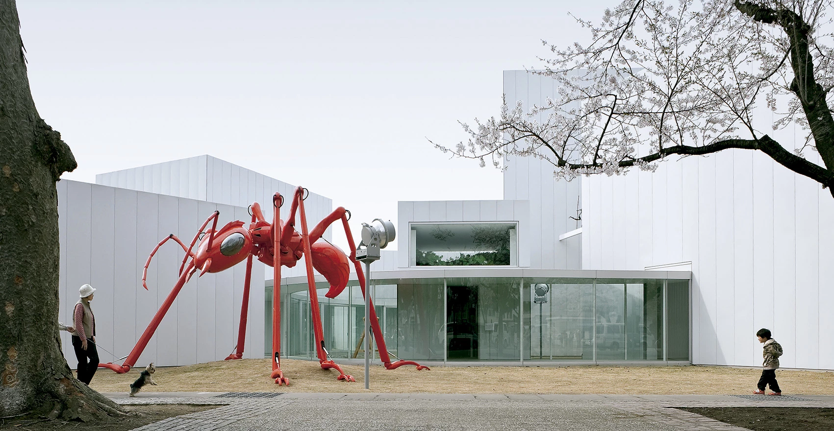 Towada Art Center by SANAA — A vivid crimson spider sculpture by Yayoi Kusama dominates the foreground of SANAA's Towada Art Center, its segmented body and spindly legs rendered in...