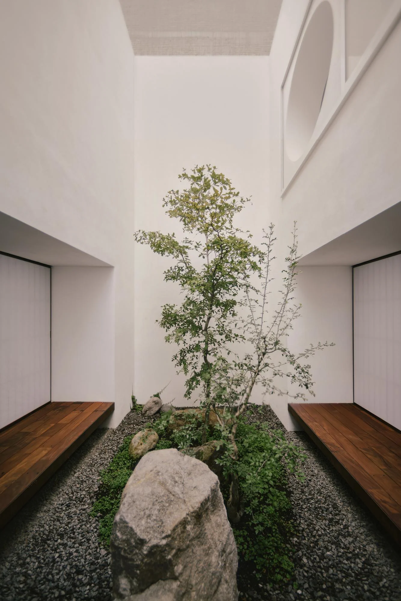 Kehai House by HW Studio, photographed by César Béjar, Gustavo Quiroz — Central void of Kehai House frames a sunken seating area with board-formed timber benches flanking a recessed dark stone platform.