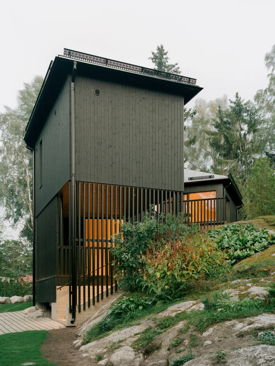 Villa Margo by Talli Ark, photographed by Kalle Kouhia — A dining room lined entirely in light pine with board-and-batten walls and ceiling, featuring large glazed apertures that frame dense forest vegetation.