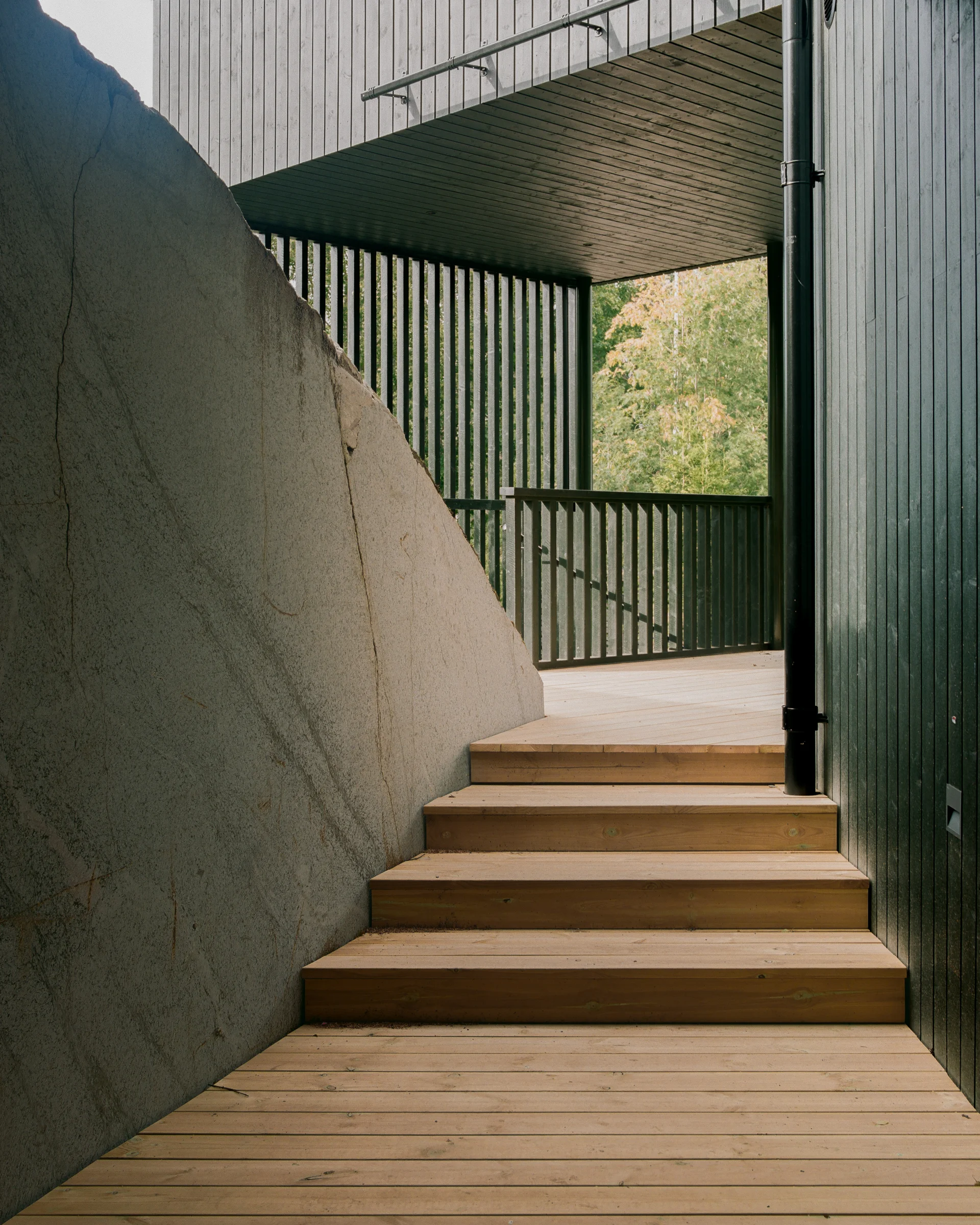 Villa Margo by Talli Ark, photographed by Kalle Kouhia — A corridor runs through the timber-clad interior of Villa Margo, its pitched roof creating a linear diagonal that frames the passage.