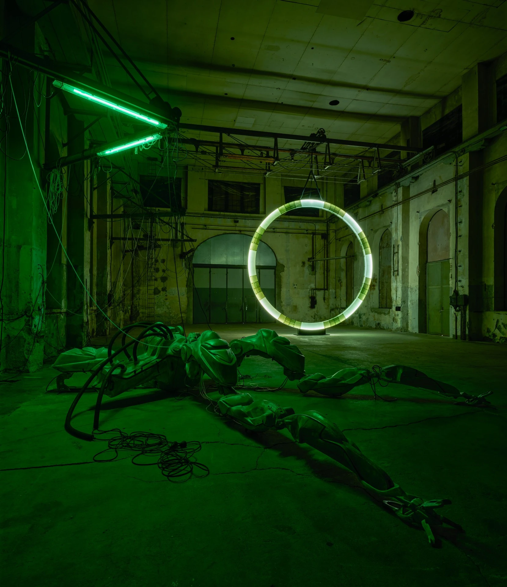 47°24’35’’N / 9°44’20’’E by Davide Allieri, photographed by Günter Richard Wett — Portrait view of the same hall with the ring suspended on a single steel cable, its reflected glow spreading across the mech's sprawled fibreglass plates and a loose coil…