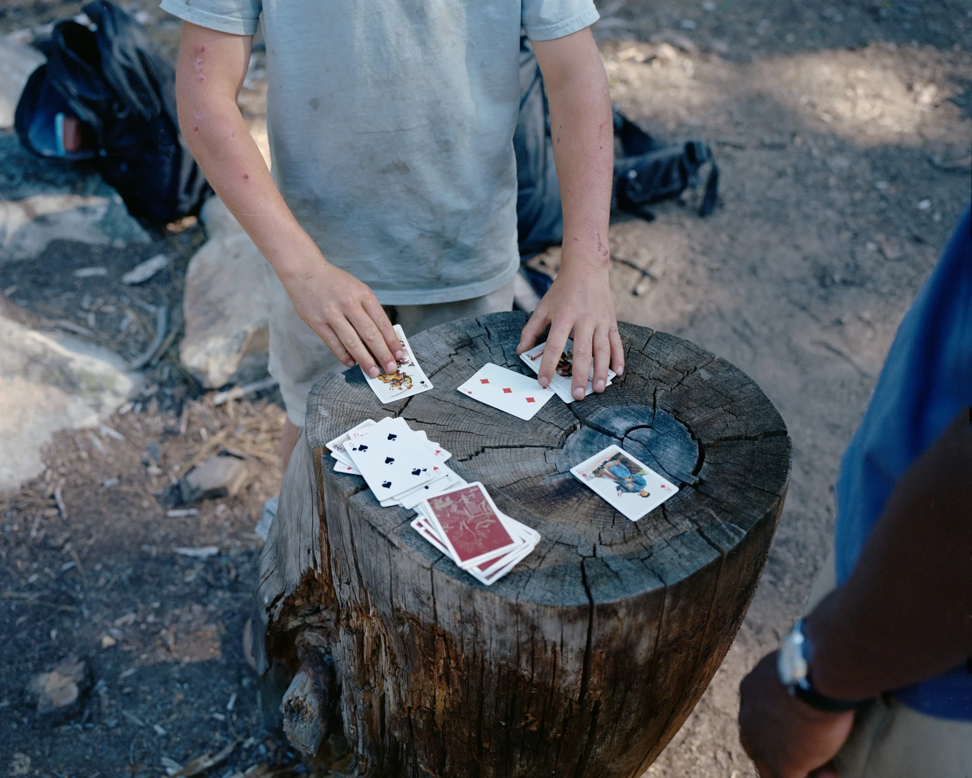 Camp by Blake Masi, photographed by Blake Masi — A boy's hands lay playing cards across a wide, charred tree stump, the cracked surface of the wood visible around each card.