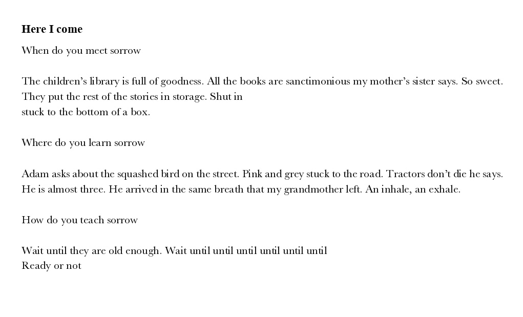 Same Dialect of Different Languages by Antonia Mayer, photographed by Antonia Mayer — Scanned print of Rosa Cass's poem Here I come — four stanzas on sorrow, published inline as the paired text.