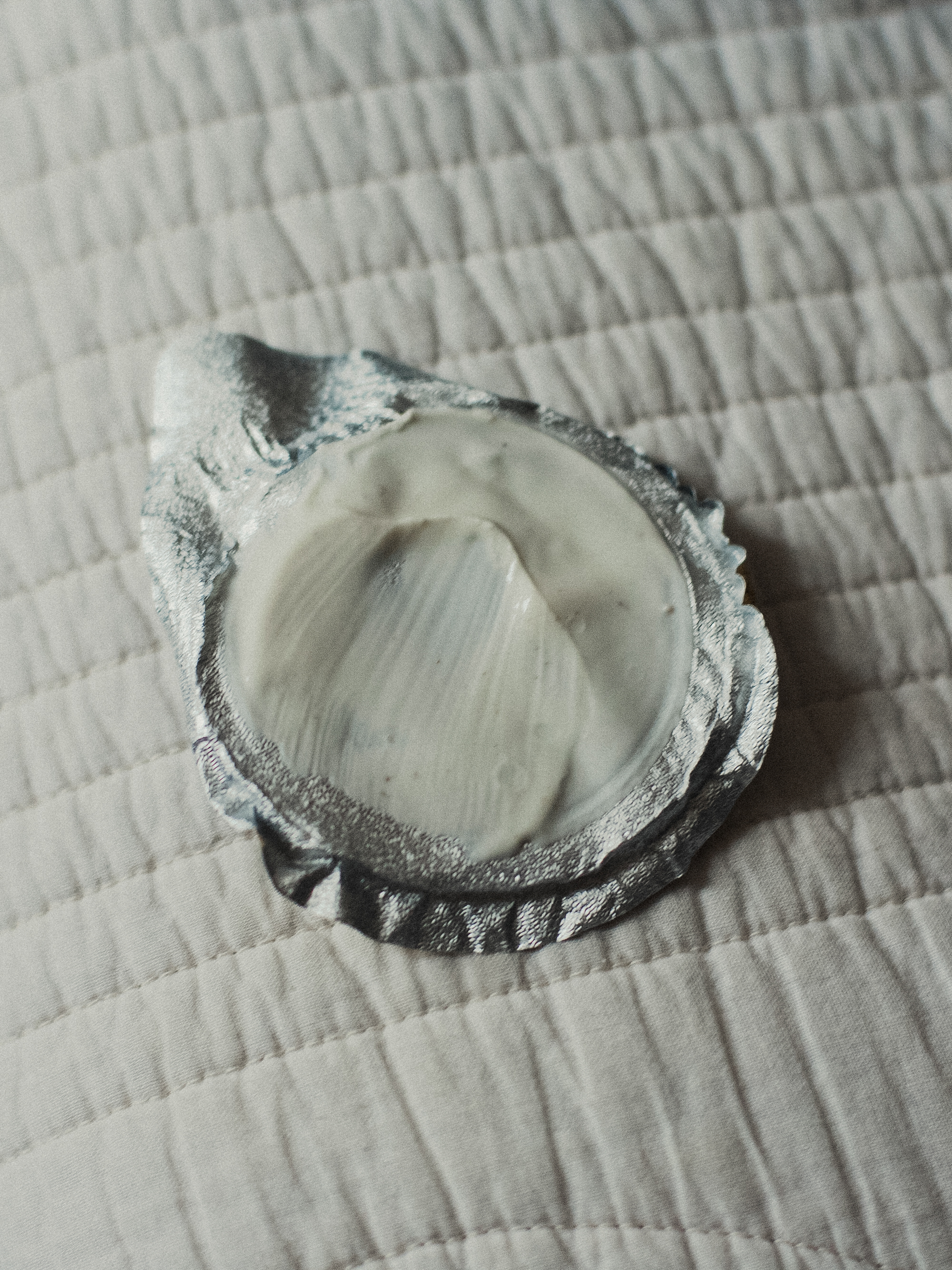Same Dialect of Different Languages by Antonia Mayer, photographed by Antonia Mayer — Extreme close-up of a newborn's cheek and jaw beside a dark object, fine dewlike beads on pale skin.