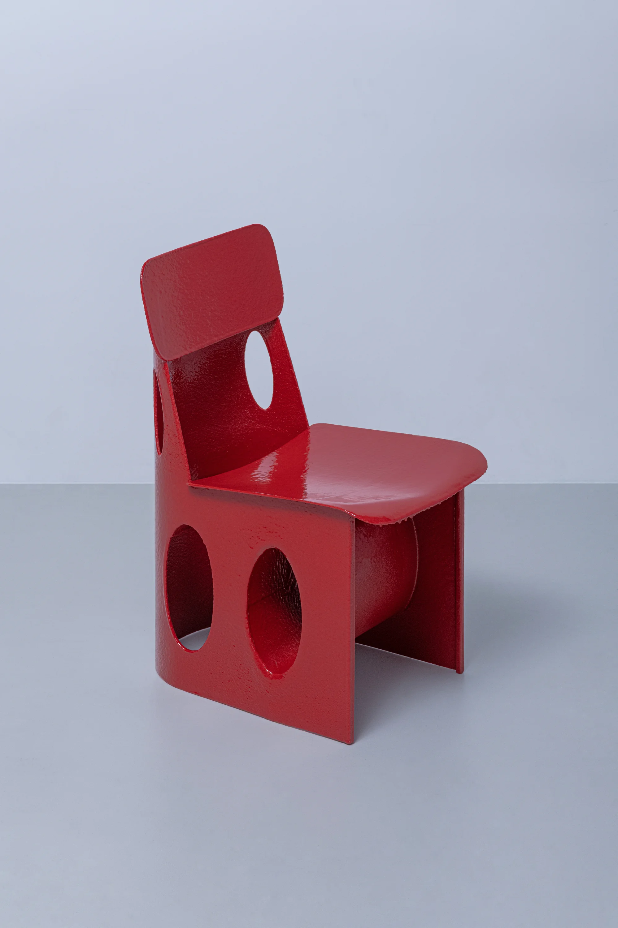 Hardened Mesh Project Chair 01 by Seongil Choi — Venice, Italy: perforated steel mesh bent and lacquered into a chair that reads as part-object, part-ruin.