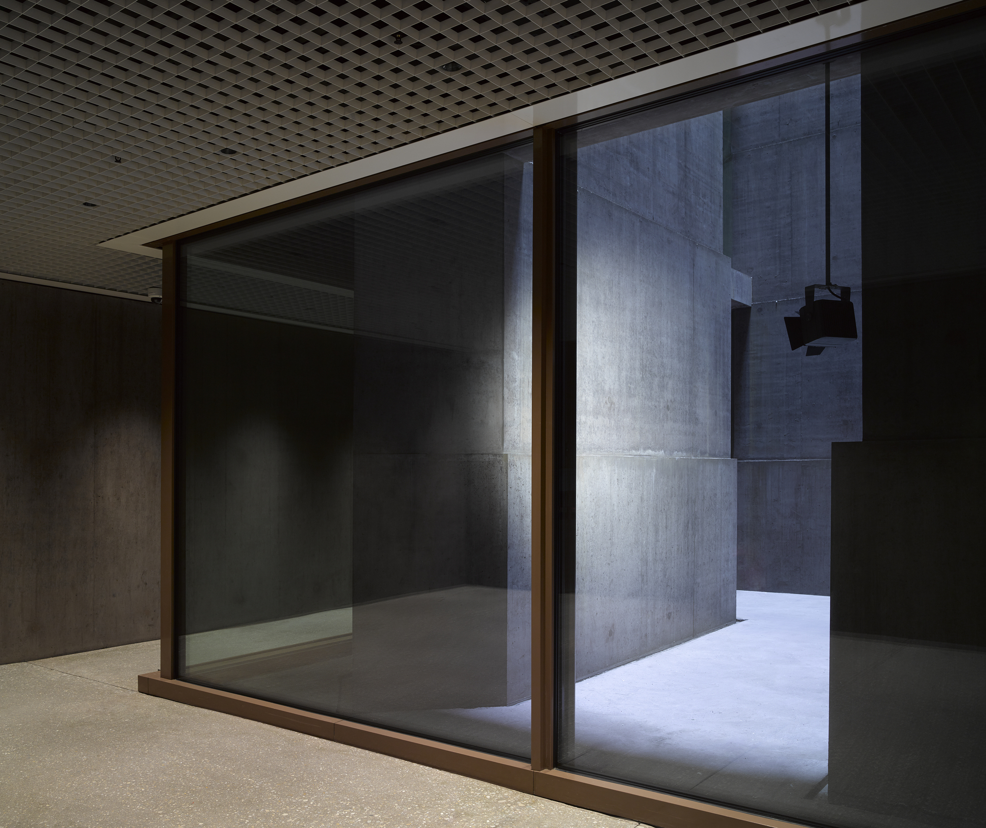 Baloise Insurance Company Office Tower by Valerio Olgiati, photographed by Bas Princen — Glass-enclosed gallery with bronze frames looks into the concrete core, cool daylight washing the grey walls from above.