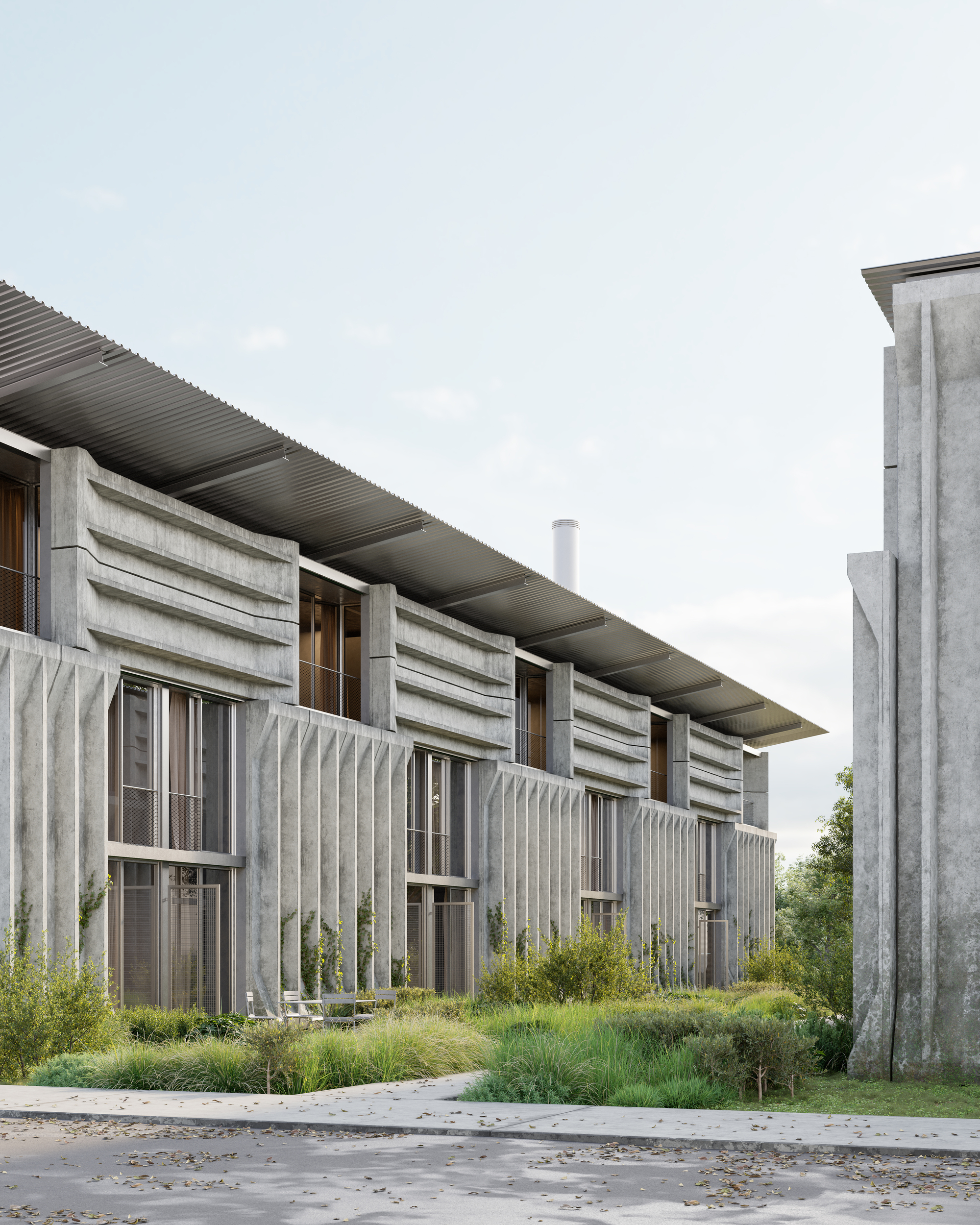 Elementa — Walkeweg Housing Development by Parabase, photographed by Parabase — Prefab concrete panels with horizontal ribs form a rhythmic facade under corrugated metal eaves, ornamental grasses softening the ground plane in diffused daylight.