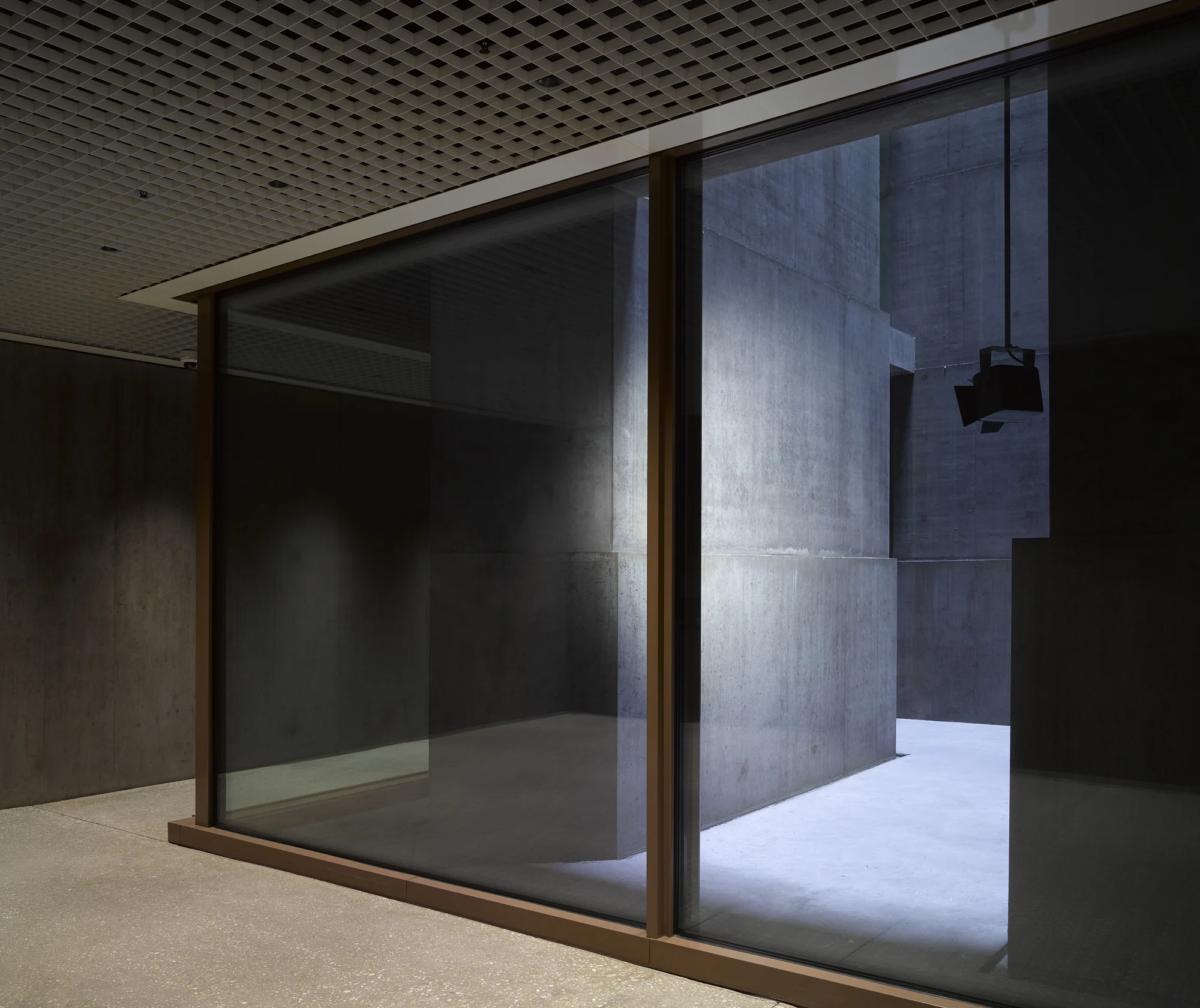 Baloise Insurance Company Office Tower by Valerio Olgiati, photographed by Bas Princen — Glass-enclosed gallery with bronze frames looks into the concrete core, cool daylight washing the grey walls from above.