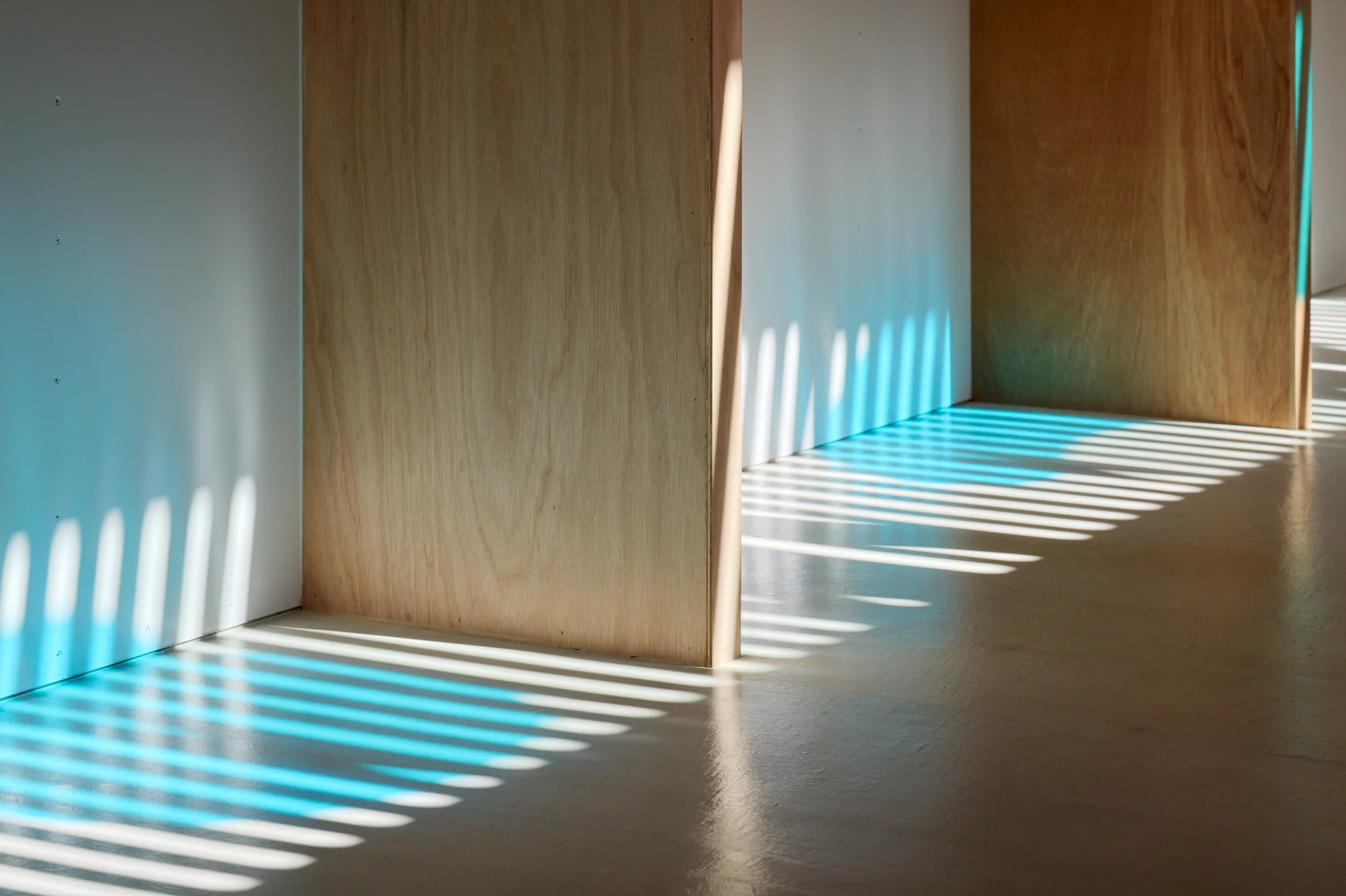 House TN by 1-1 Architects, photographed by Takashi Uemura — Striped shadows from the louver ceiling fall across the earthen floor and plywood partition walls, shifting with the sun's angle.