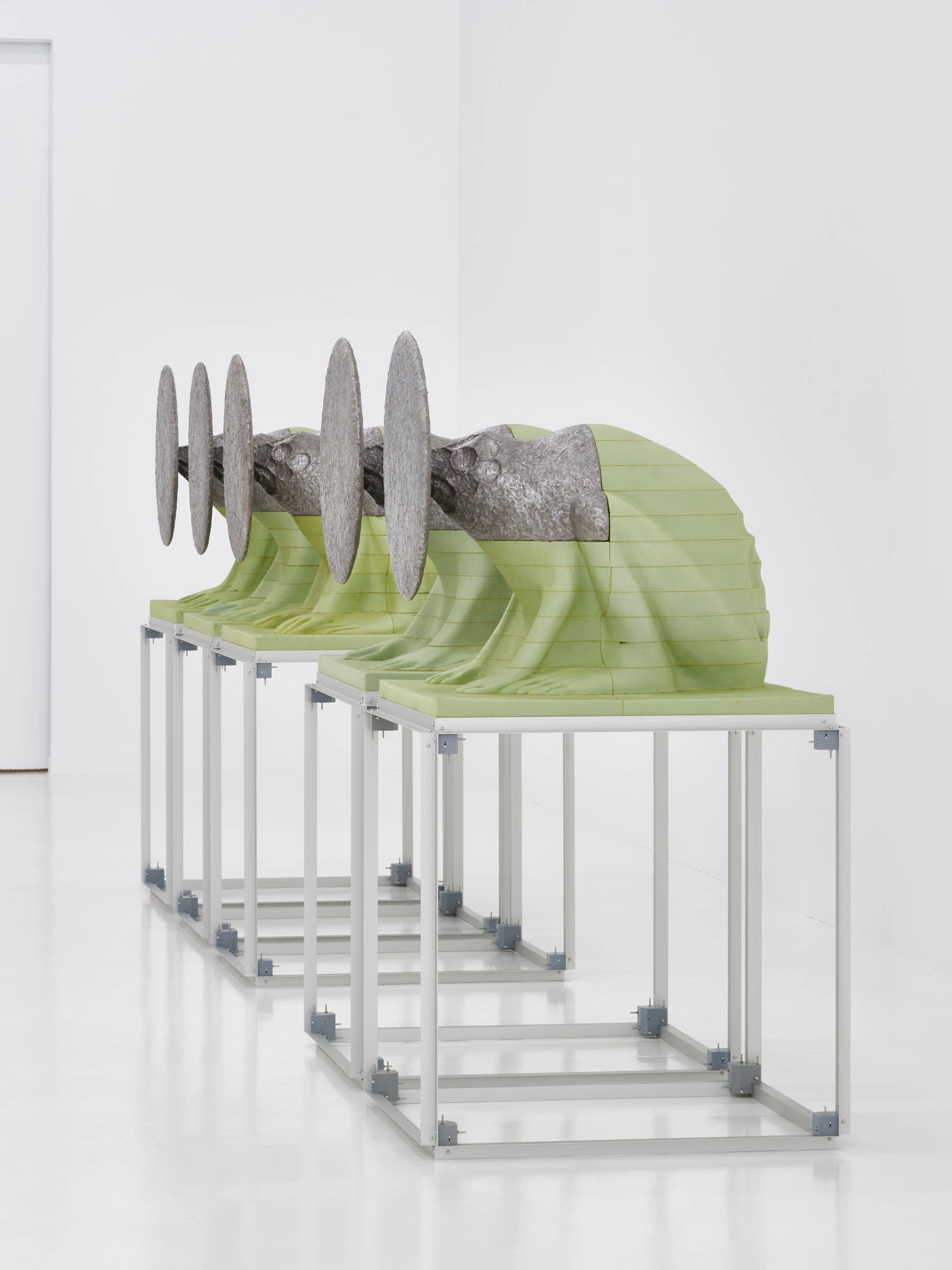 Door of Hearing by Frederik Exner at Le Parvis Ibos, France, polyurethane foam frog sculptures, Chest works, gnomon needle, photographed by J. C. Lett