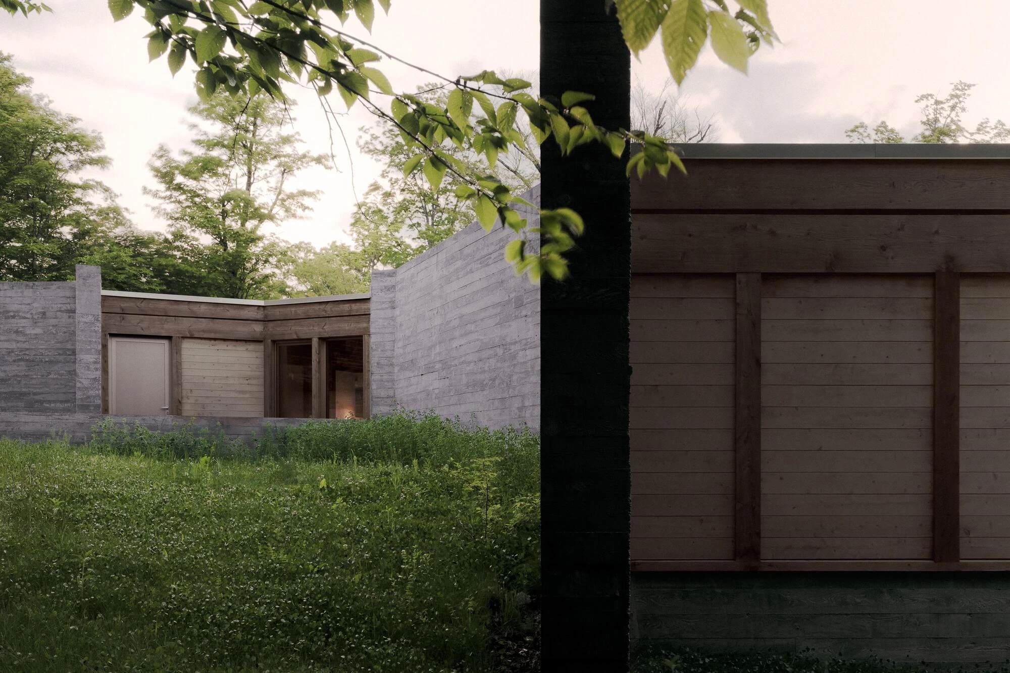 SONO Residence by Atelier Carle, Wentworth-North Quebec Canada, mountain second home, board-formed concrete, hemlock structure, forest view, photographed by Félix Michaud