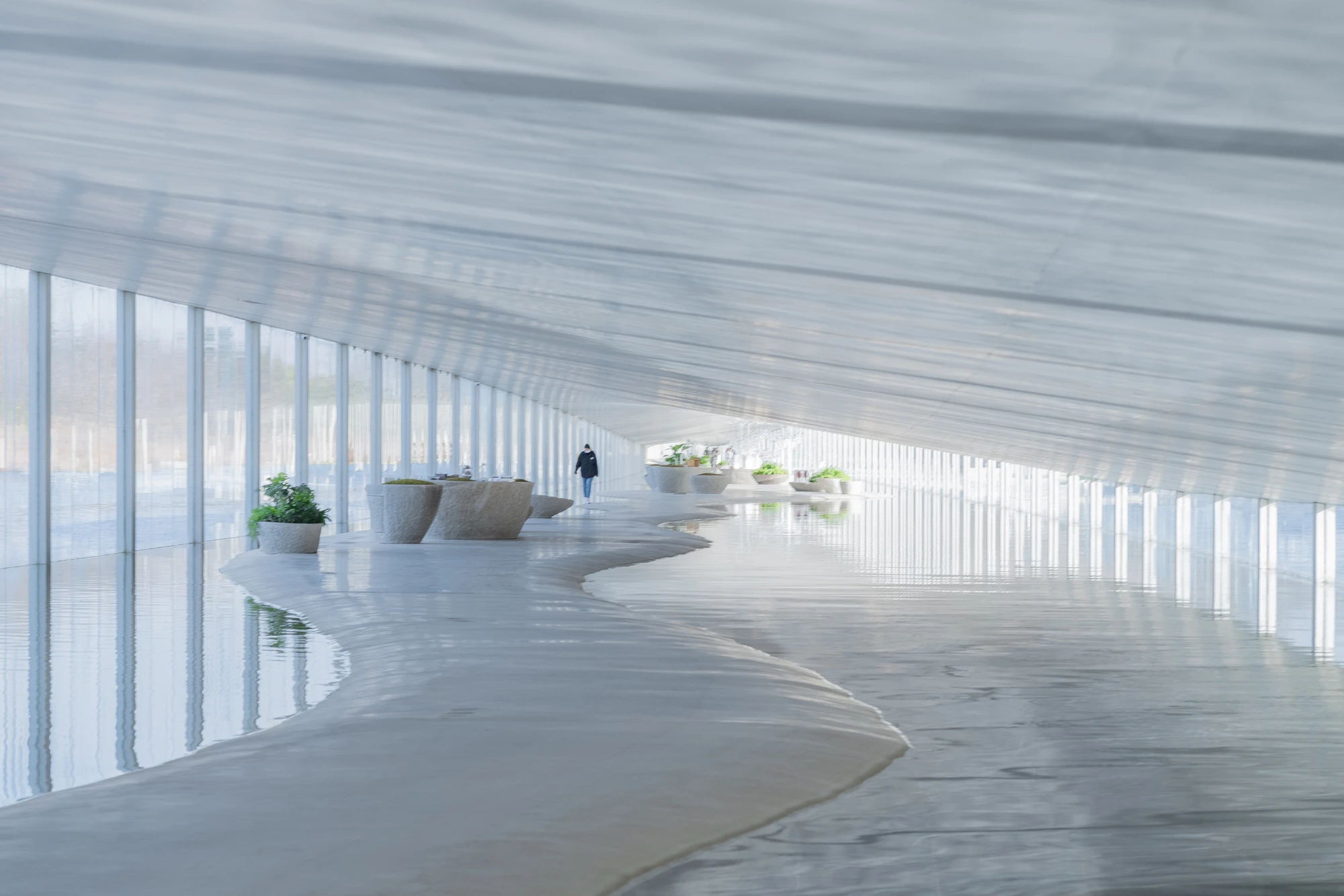 Zaishui Art Museum by junya ishigami + associates, Rizhao Shandong China, one kilometre long, lake, slender columns in water, sash roof, photographed by arch-exist