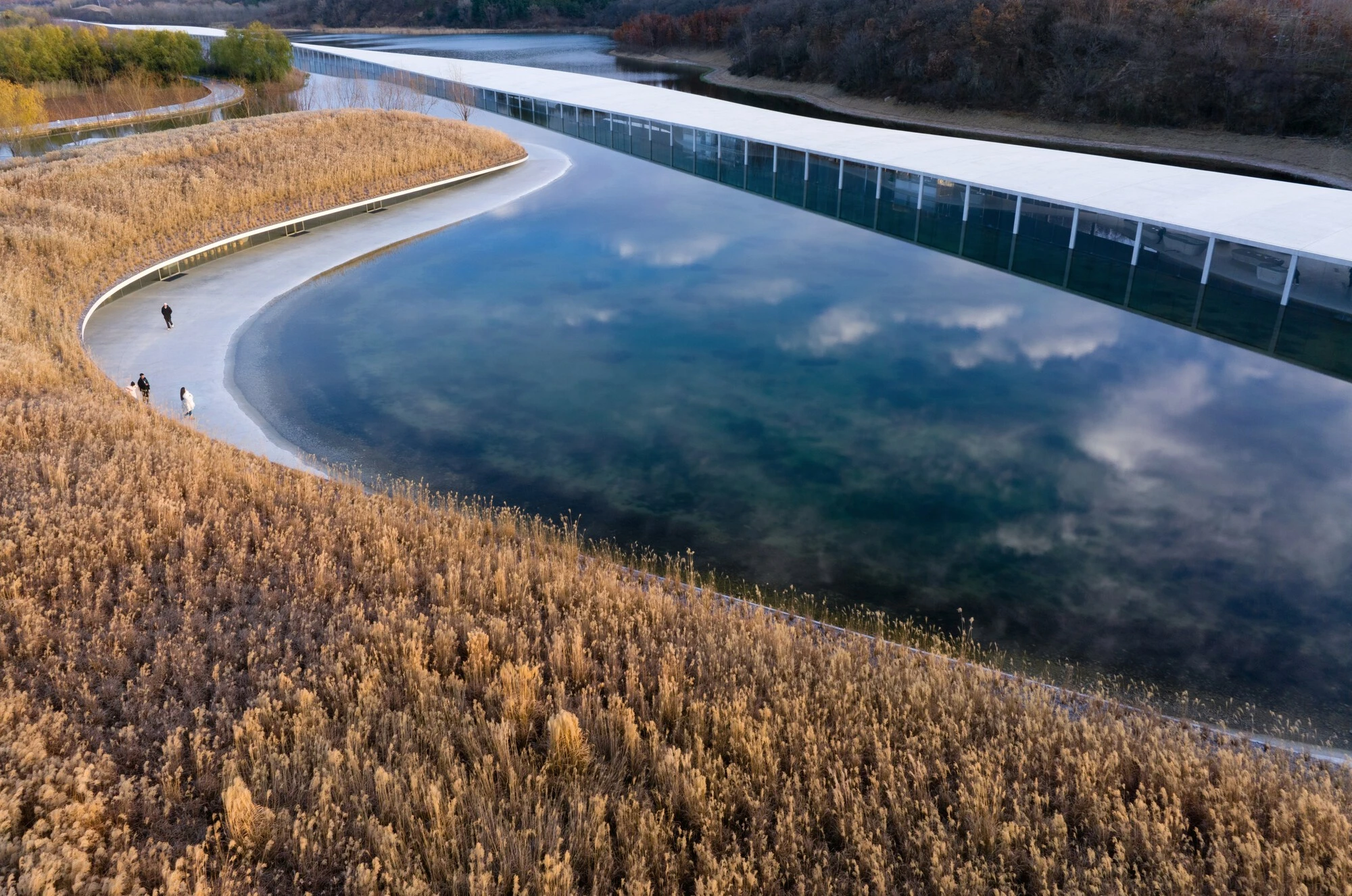 Zaishui Art Museum by junya ishigami + associates, Rizhao Shandong China, one kilometre long, lake, slender columns in water, sash roof, photographed by arch-exist
