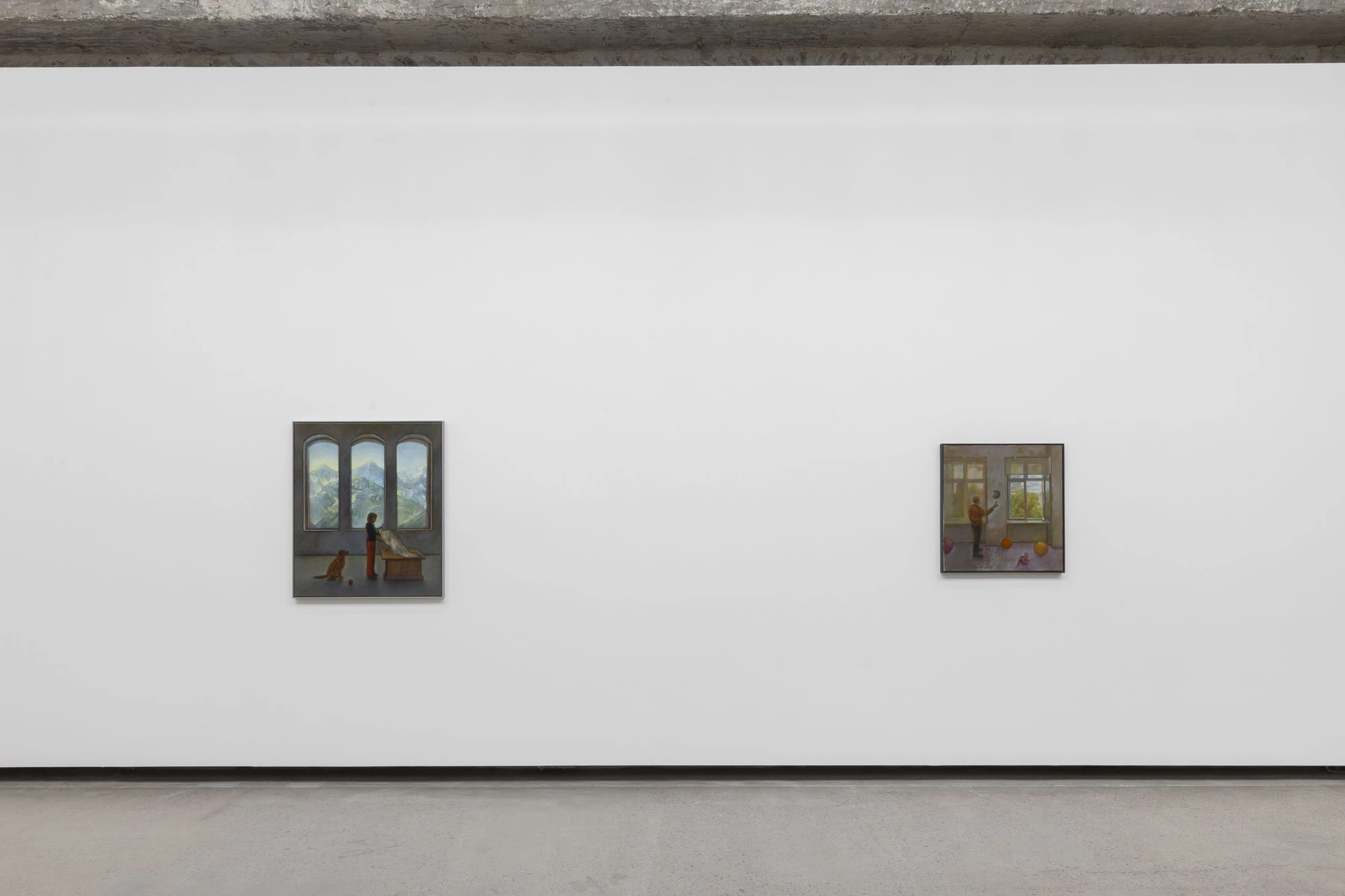 Life on Mars by Cheng Yuzheng, photographed at Reflexion Gallery — two interior scenes paired on a long white wall under an exposed concrete beam.