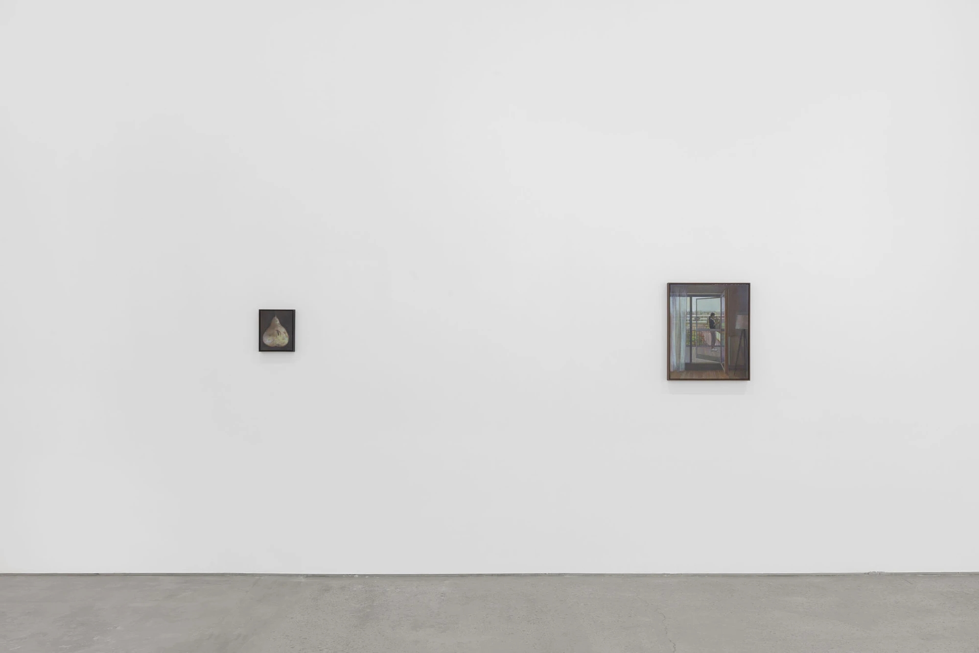 Life on Mars by Cheng Yuzheng, photographed at Reflexion Gallery — a small still life beside an interior with sheer balcony curtains.