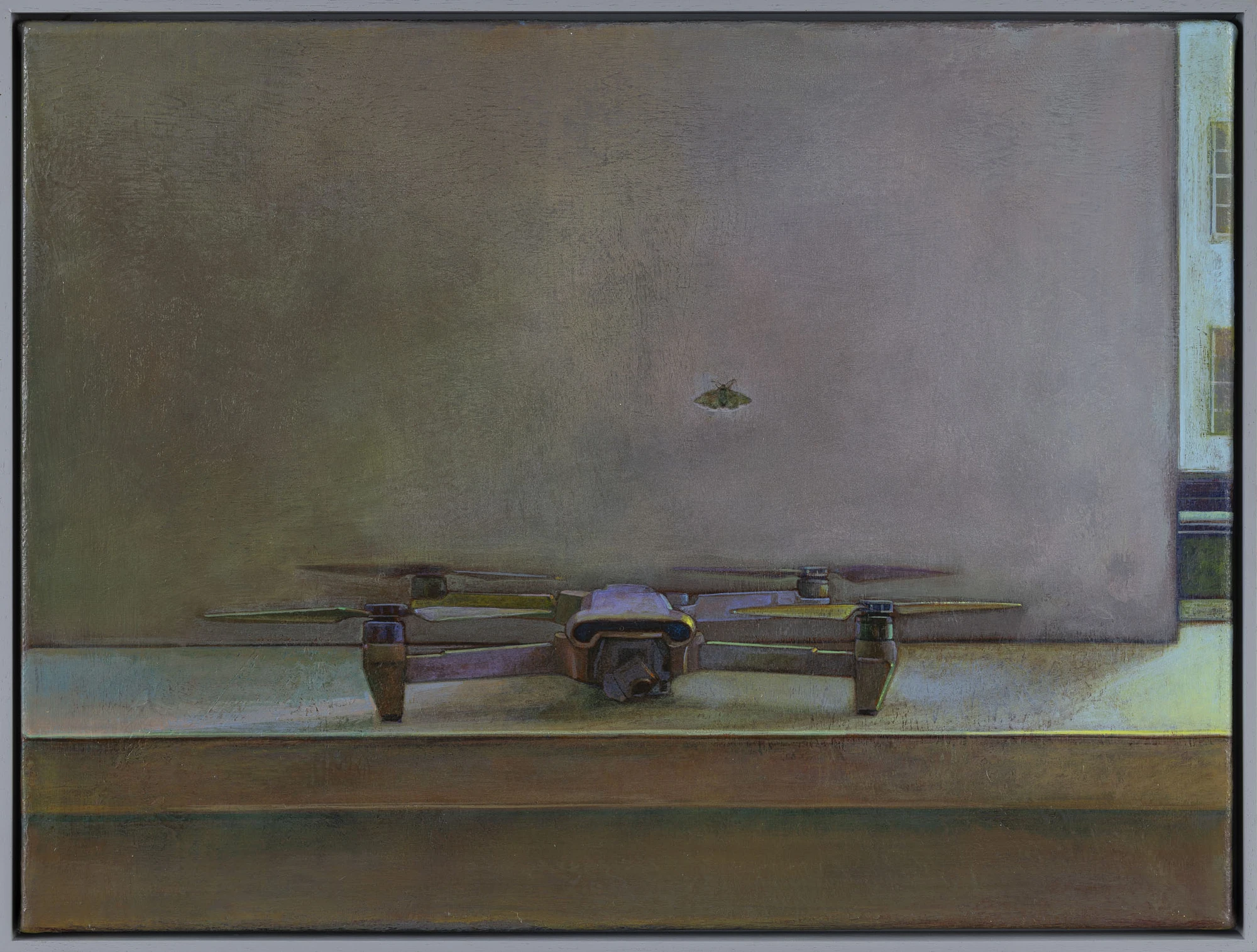 Drone 1 by Cheng Yuzheng, acrylic on canvas, 41 x 55 cm, 2025 — a quadcopter on a ledge in olive and pewter light, a single moth above.