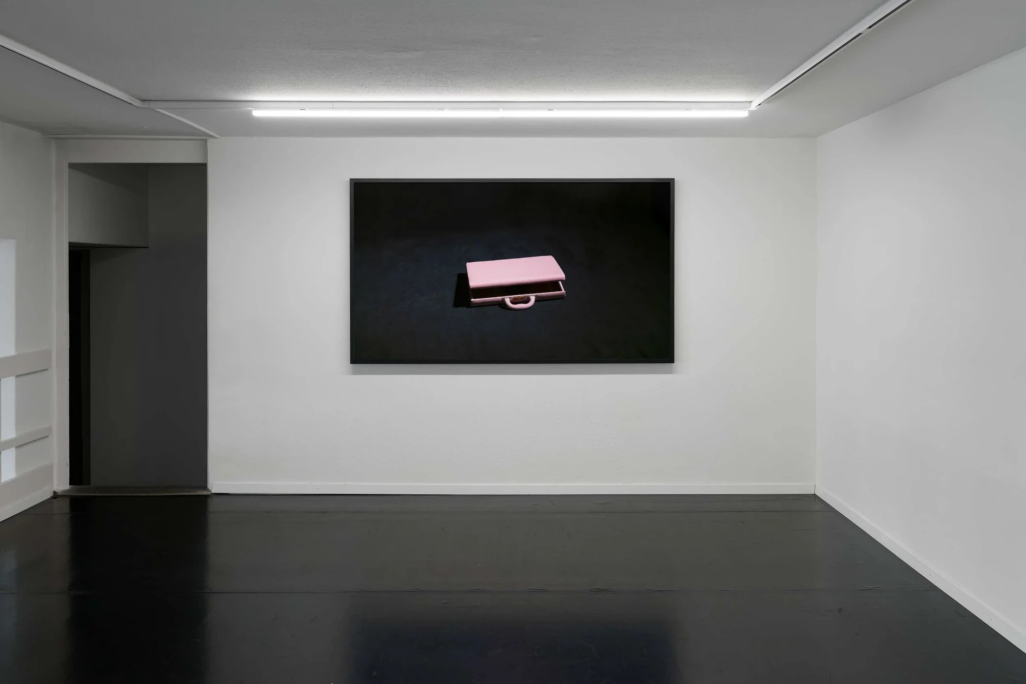 Installation view of a large framed Flavio Karrer photograph showing a pink briefcase on a black ground, hung on a white wall above black-stained floorboards.