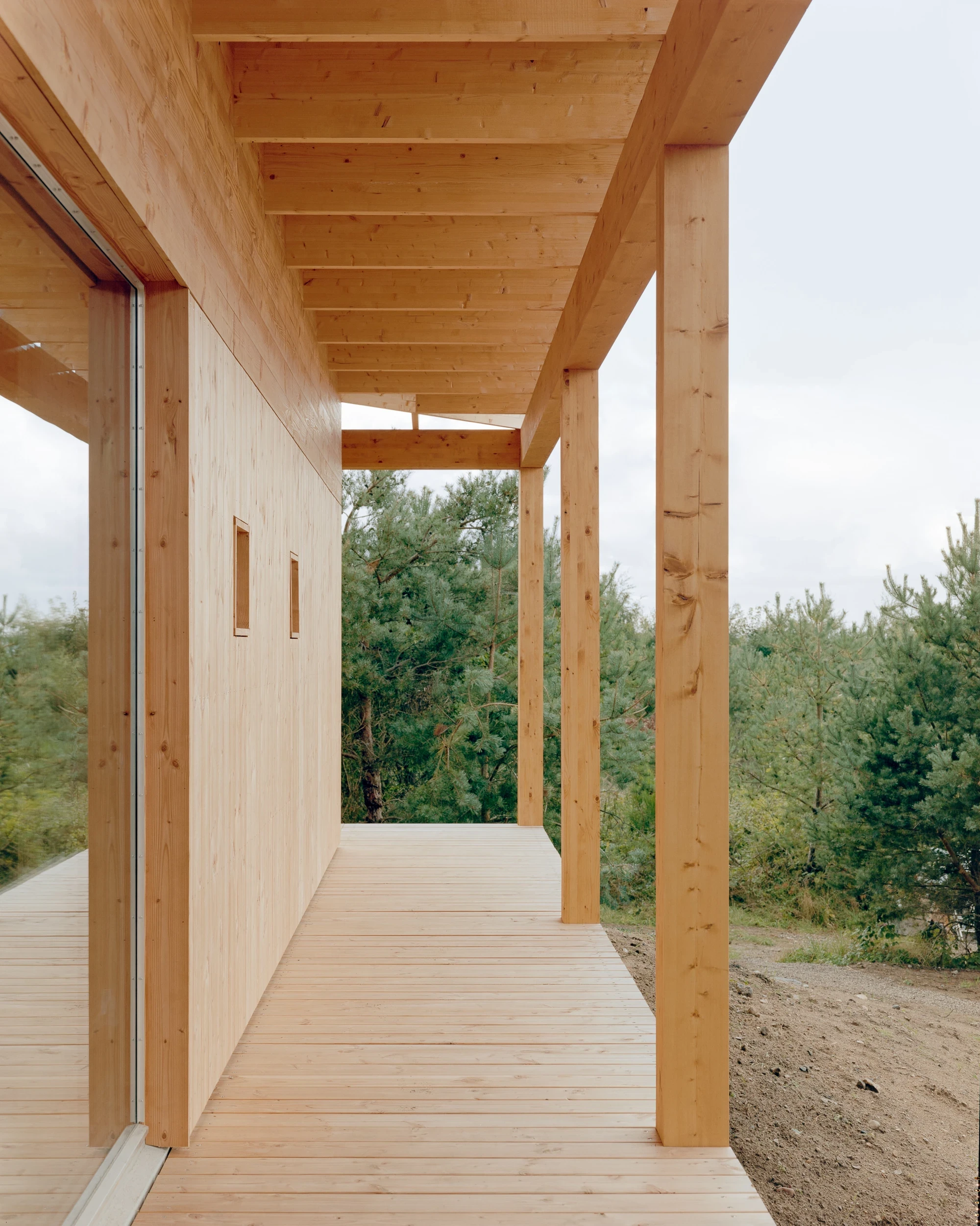 House in Ebeltoft by Høyer Arkitektur, photographed by Hampus Berndtson — terrace elevation with CLT wall panel, square punched windows, and the colonnade receding into the pine scrub background.