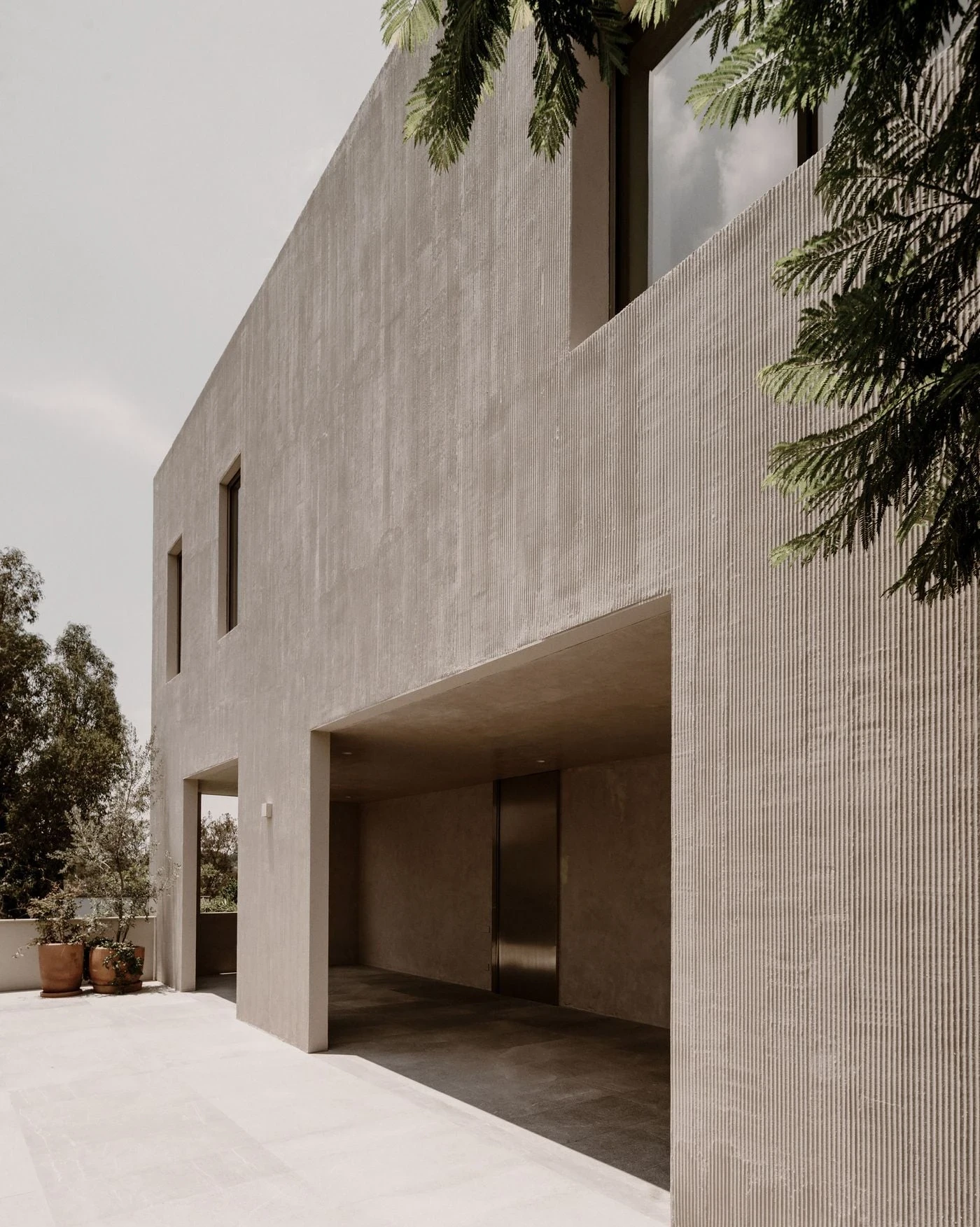 Barrancas by PPAA, photographed by Luis Garvan — the upper plaster volume seen from below, its vertical striations catching raking light beside a deep-set window opening and an olive tree.