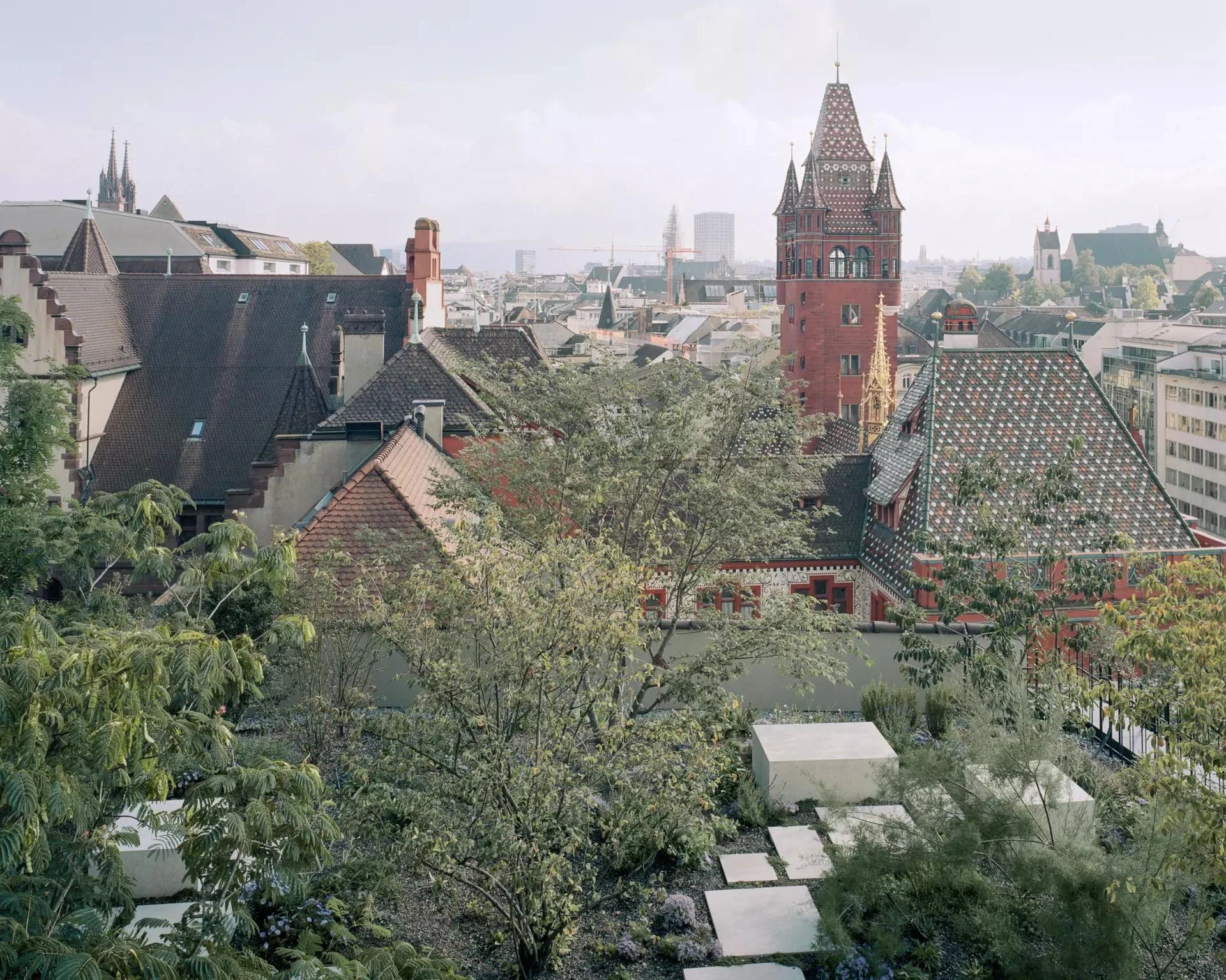 Globus, Basel by Miller & Maranta, photographed by Rory Gardiner — looking out over Basel's rooftops from the planted terrace toward the red sandstone tower of the Rathaus.