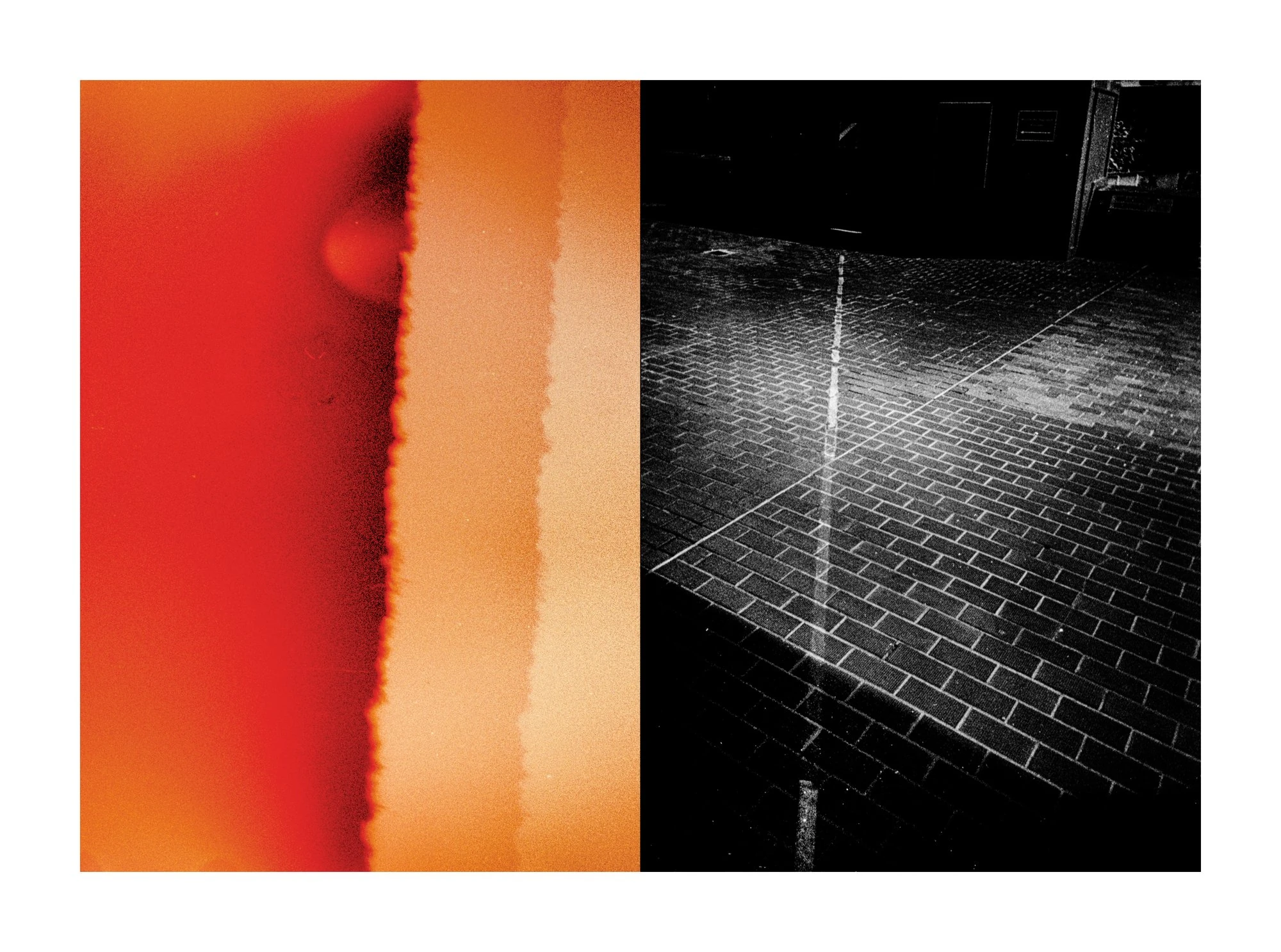 Everything is Wrong by Mark Tamer, photographed by Mark Tamer — A saturated red and orange chemical light-leak with a jagged seam meets a black-and-white night pavement cut by a streak of wet reflection.