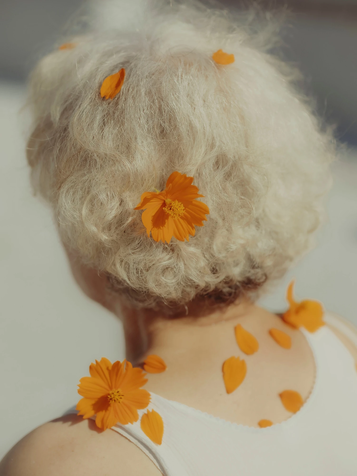 Nirvana by Daesung Lee, photographed by Daesung Lee — Orange cosmos flowers and loose petals rest across the white curls and bare shoulder of a woman seen from behind.