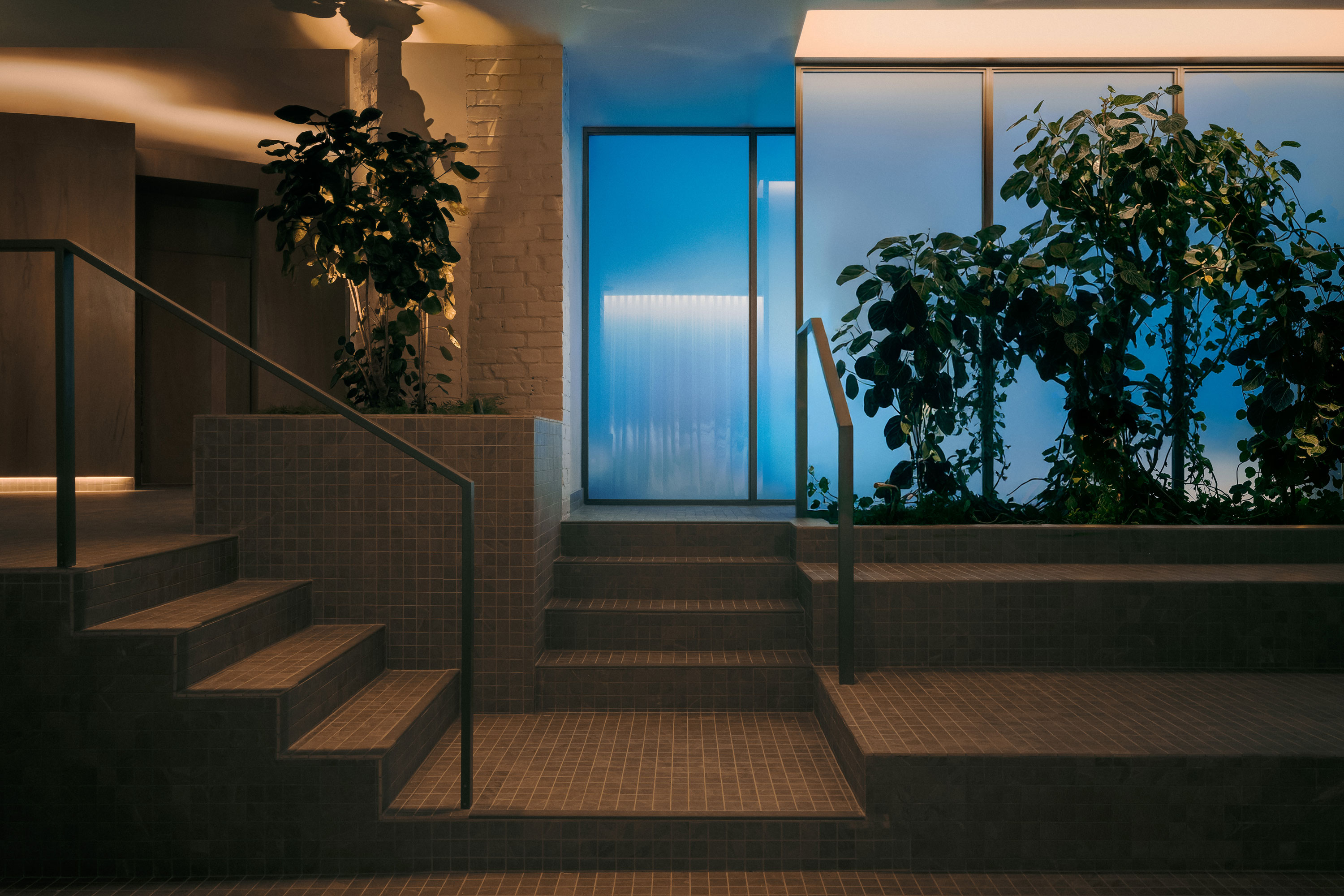 Recess by Future Simple Studio, photographed by Félix Michaud, Recess — Seen past a boulder-like wall, the blue plunge pool and its steel handrail sit before frosted glass where the shadow of a figure and foliage press through.