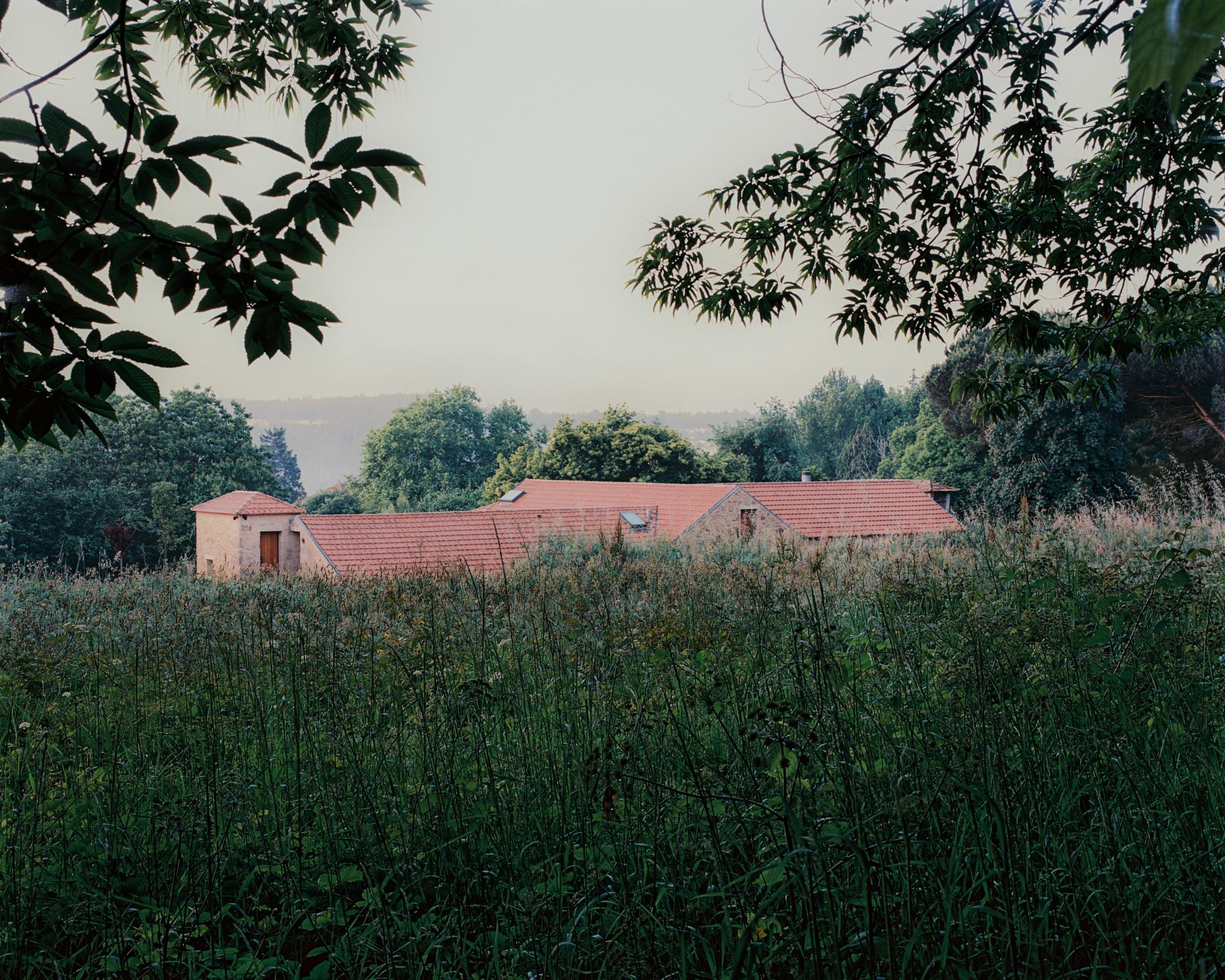 Single-Family Home by Branco del Rio Arquitectos, photographed by Frederico Martinho — Seen across a meadow of tall wild grass, the low ensemble spreads under continuous terracotta tiled roofs, with hazy hills folding away behind it.