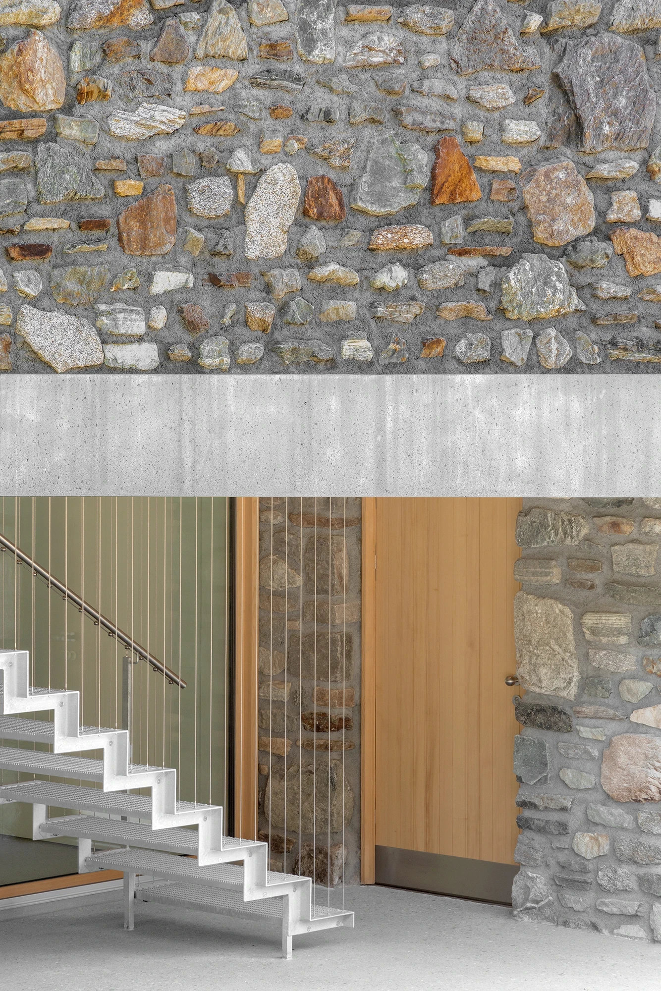 Vergalderie by Christian Tonko, photographed by Gustav Willeit — The entry recess, a board-formed concrete lintel carried on rough stone jambs, with a floating stair beyond