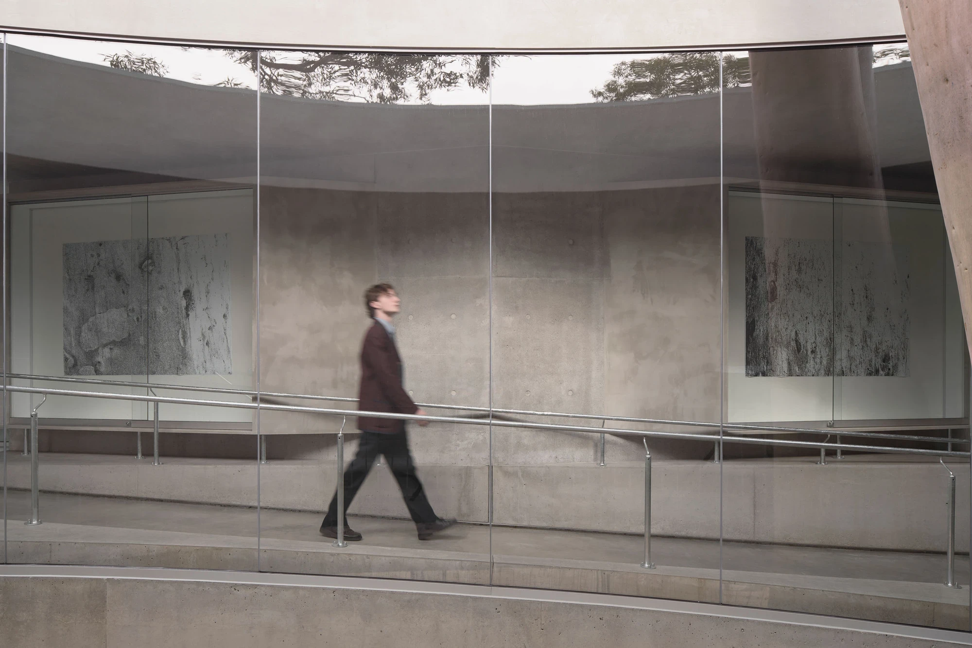 Gallery For A Tree Flyover Marcellin College by Farrell Wray Architects — Braybrook, Australia: a student crossing the gallery in motion behind the frameless glass, artworks hung on the concrete wall.