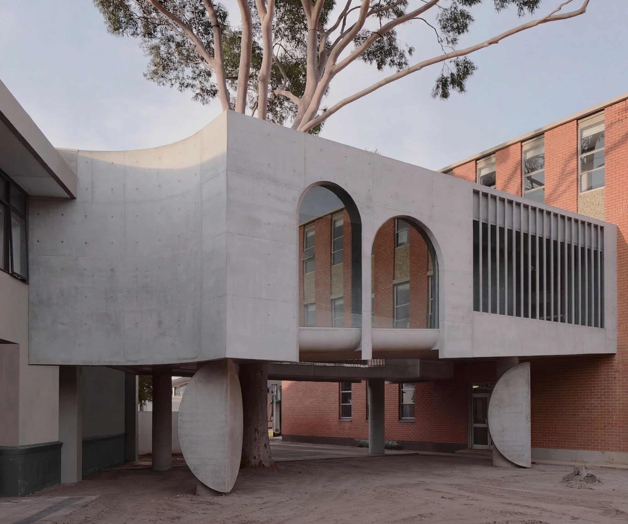 Gallery For A Tree Flyover Marcellin College by Farrell Wray Architects — Braybrook, Australia: the primary elevation lifted on columns, two arched windows and a bladed colonnade beneath the gum's canopy.