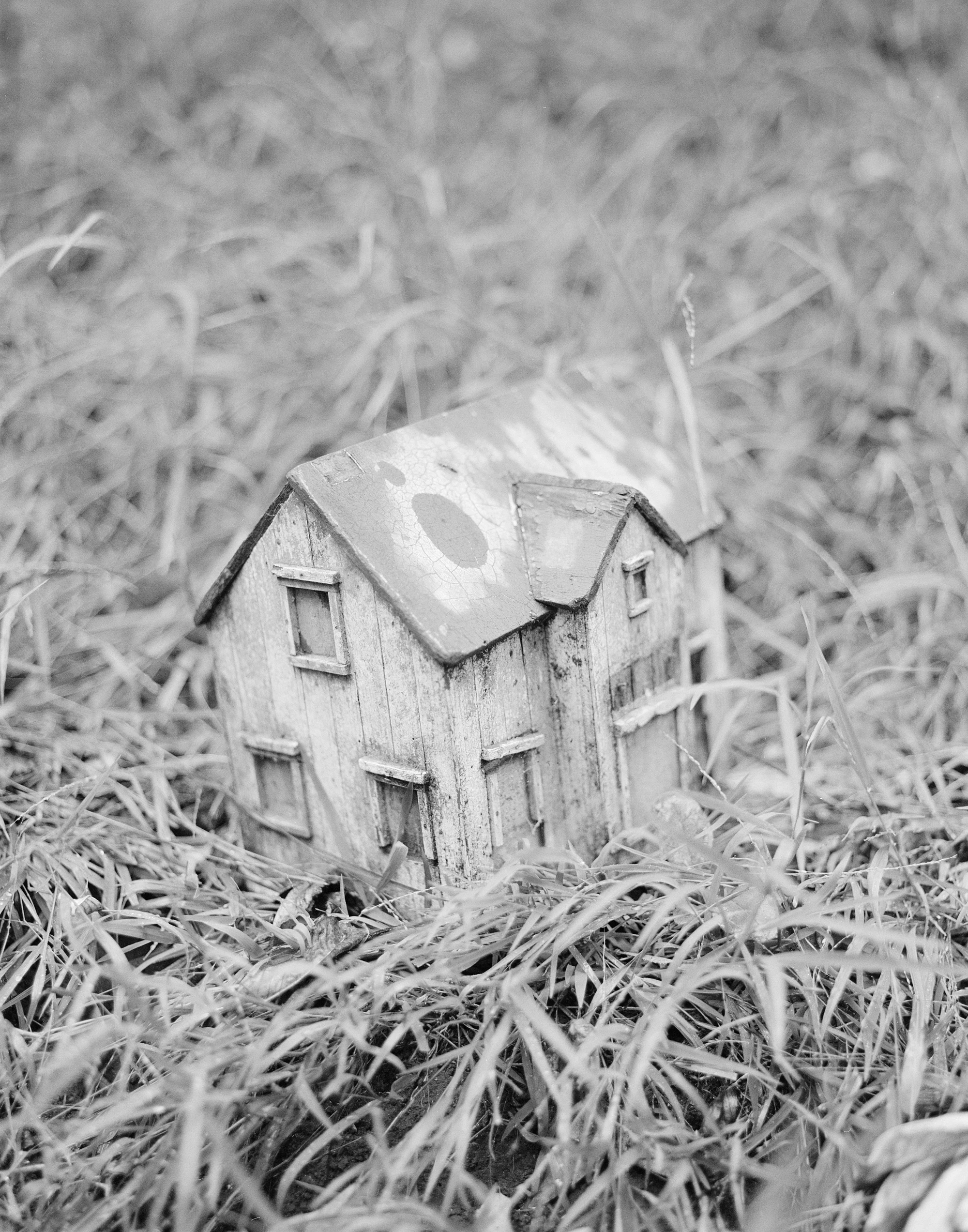 Eternal Return by Benjamin Young, photographed by Benjamin Young — a small carved wooden toy house sits abandoned in frost-stiffened grass.