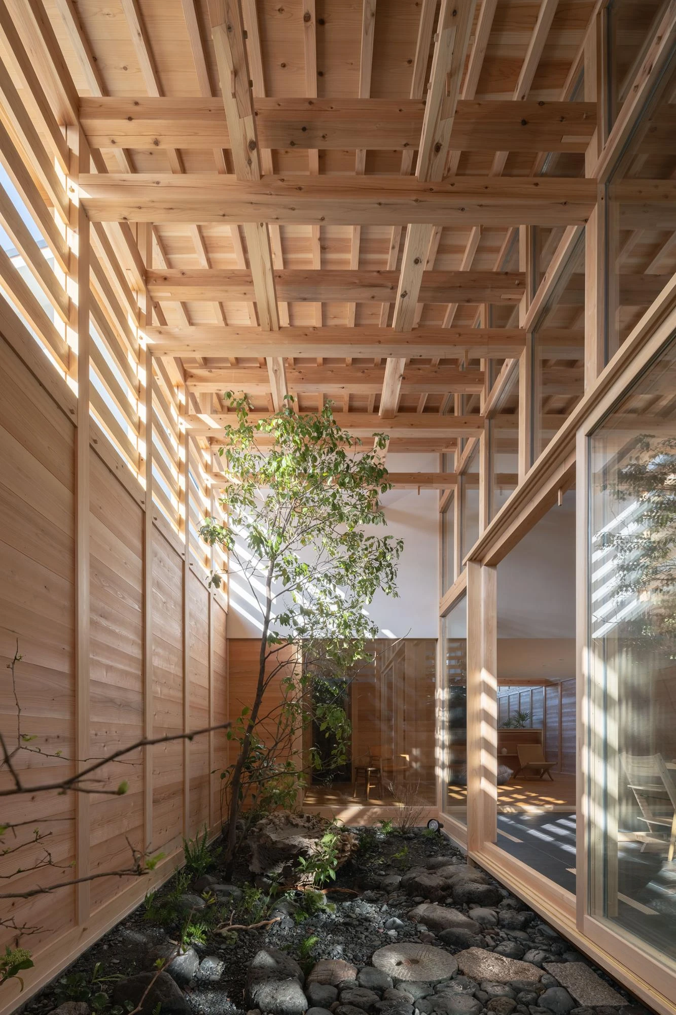 Single Family House in Aichi by Ryota Sekiya, photographed by Shun Fukuda — dappled light falls through the beam lattice onto a courtyard of river stones and a slender planted tree.